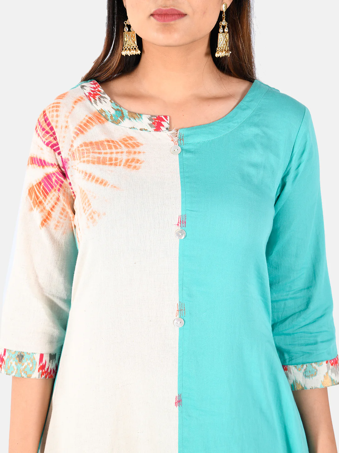 Neerus Rama Green Printed High Low Kurti and Tousers - Image 4