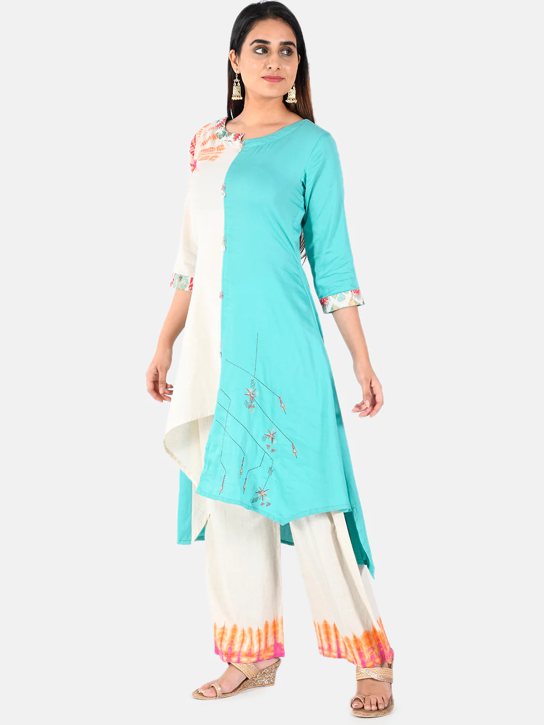 Neerus Rama Green Printed High Low Kurti and Tousers - Image 5