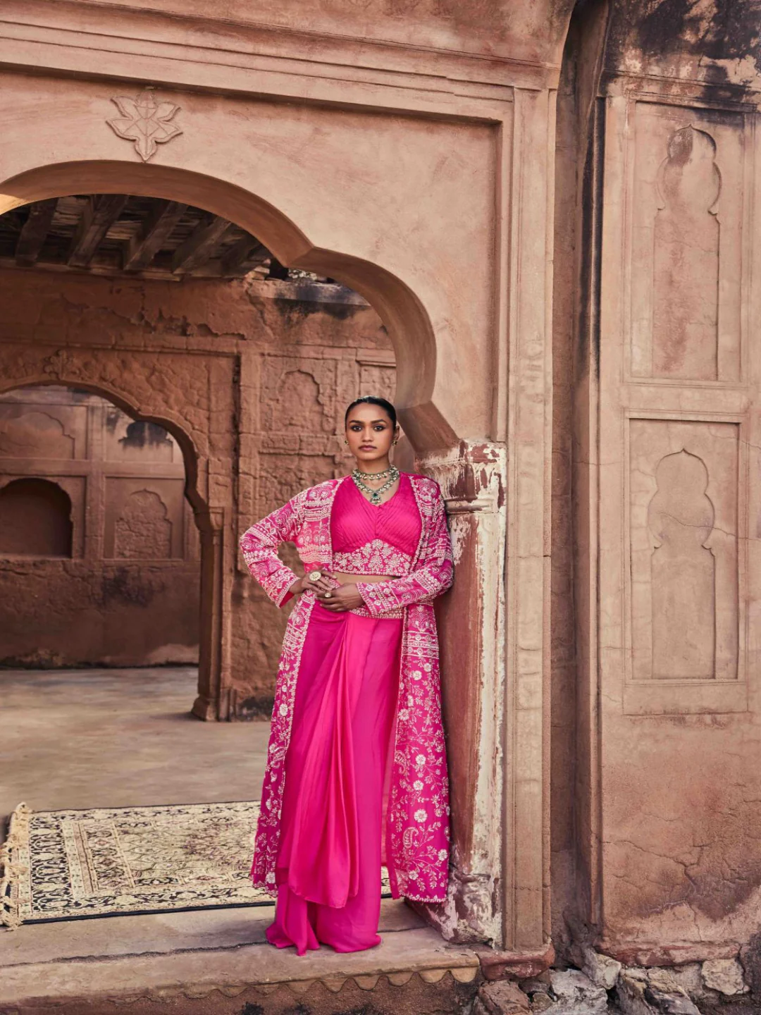 Neerus Rani Pink Beads and Stones Chinon Fabric Ghagra Set