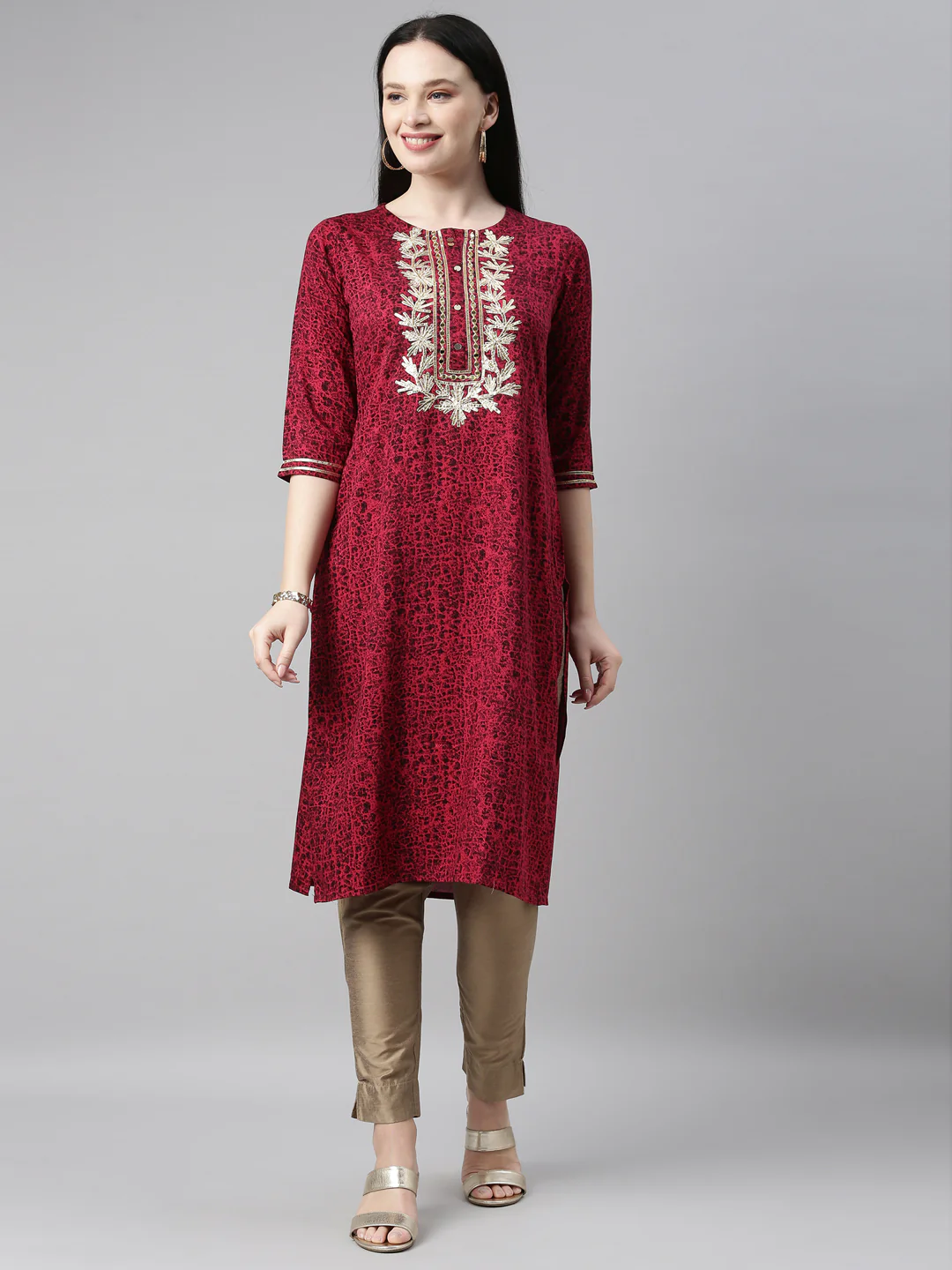 Neerus Rani Pink Color Printed Fabric Kurta