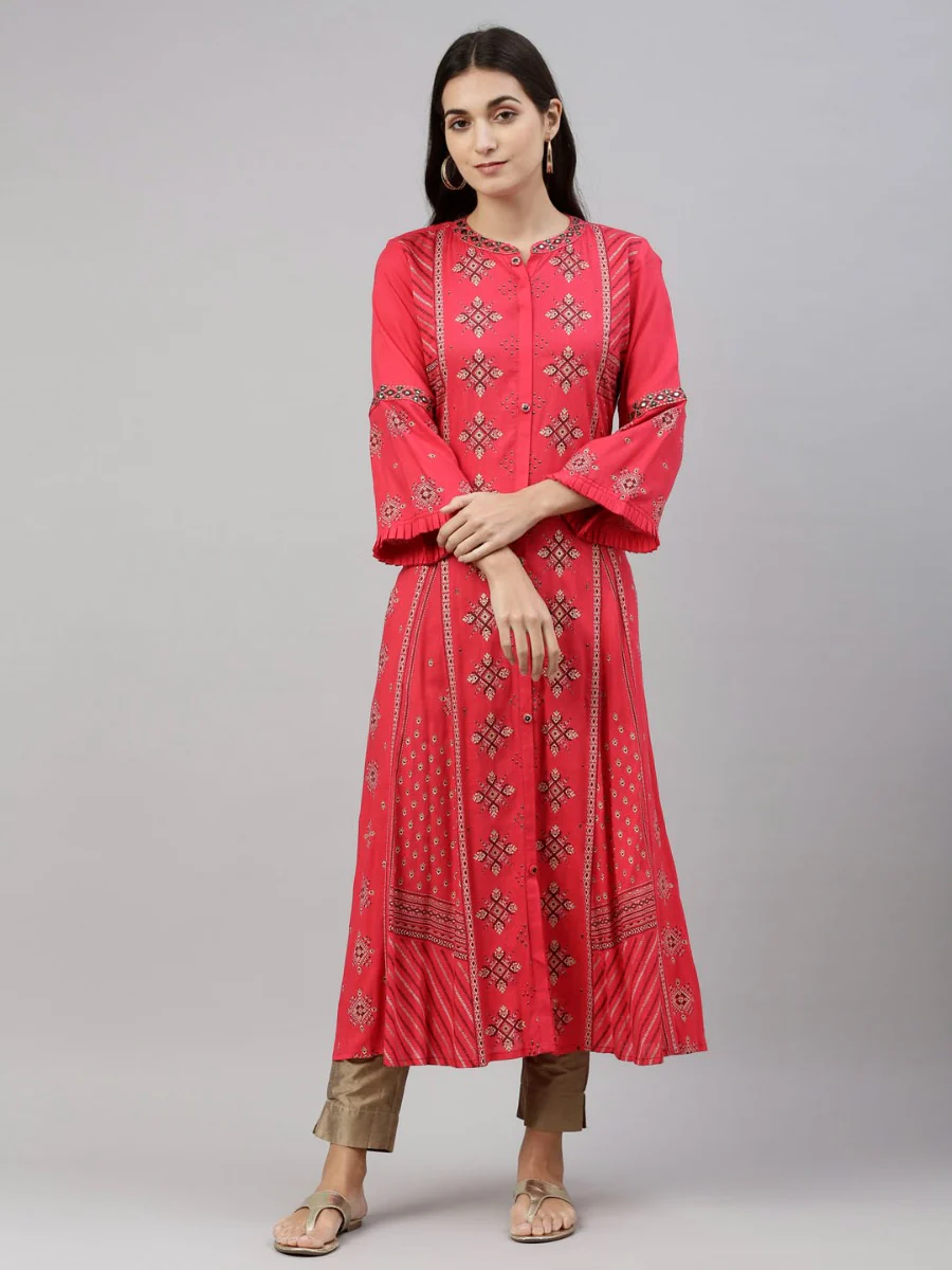 Neerus Rani Pink Color Slub Riyon Fabric Tunic - Image 2