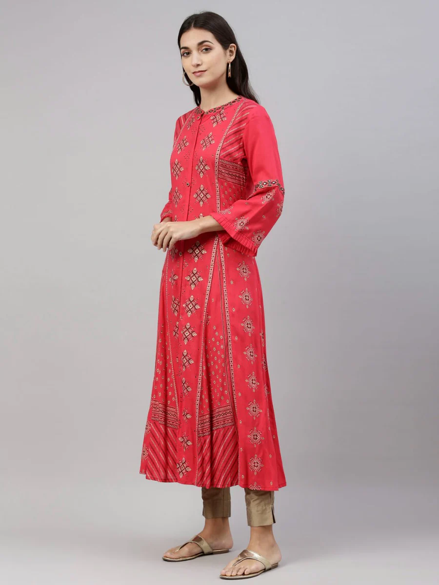 Neerus Rani Pink Color Slub Riyon Fabric Tunic - Image 5