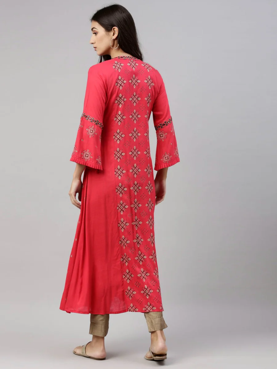 Neerus Rani Pink Color Slub Riyon Fabric Tunic - Image 7