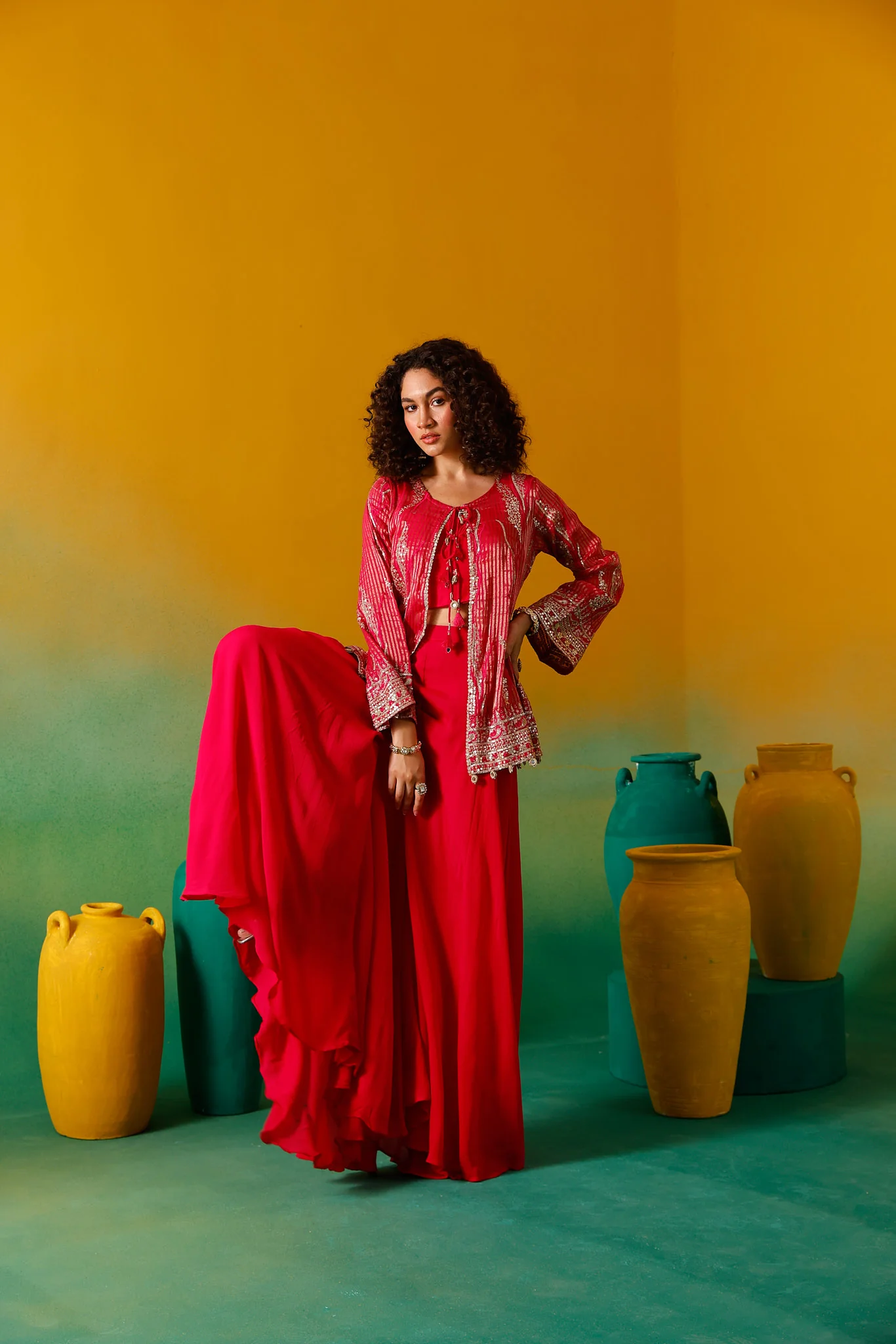 Neerus Rani Pink Embroidery Georgette Fabric Fusion Set. - Image 3