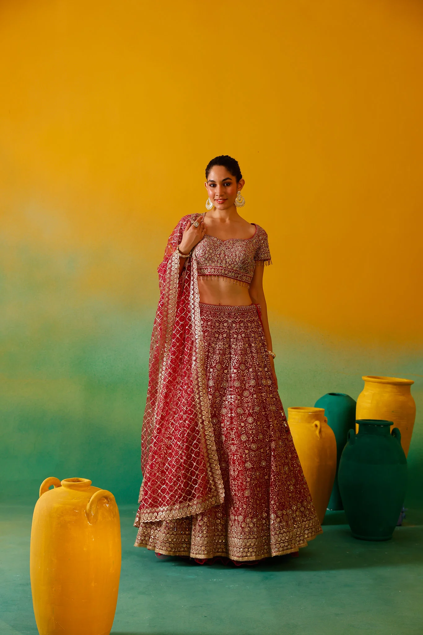 Neerus Rani Pink Embroidery work Nett Fabric Ghagra Set - Image 3