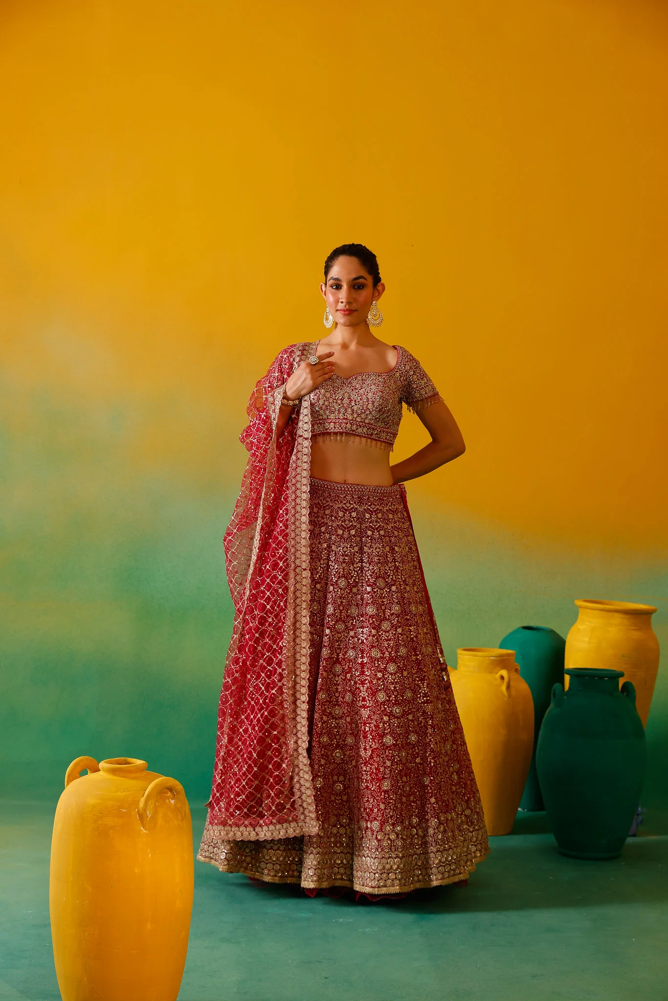Neerus Rani Pink Embroidery work Nett Fabric Ghagra Set - Image 4