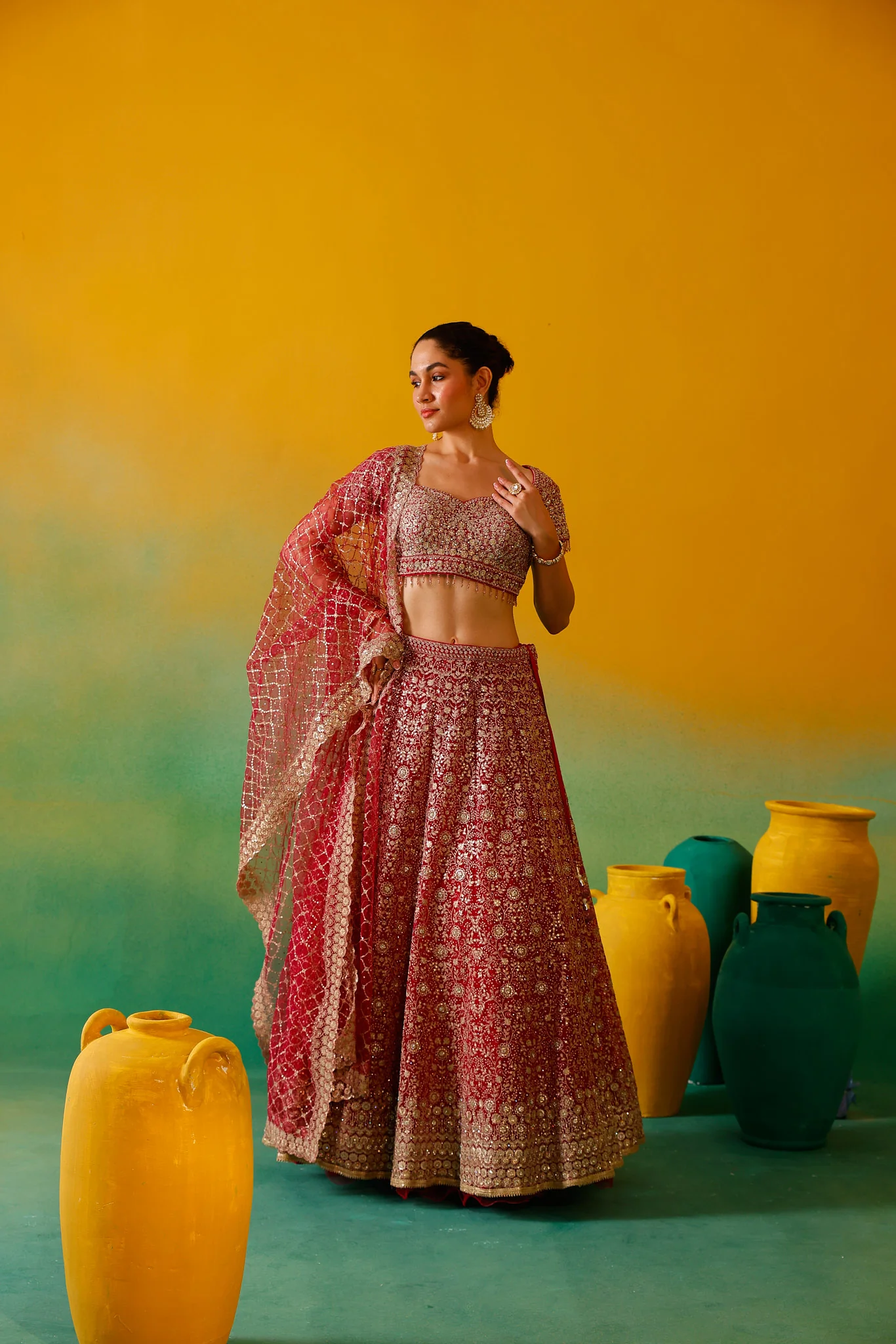 Neerus Rani Pink Embroidery work Nett Fabric Ghagra Set - Image 5