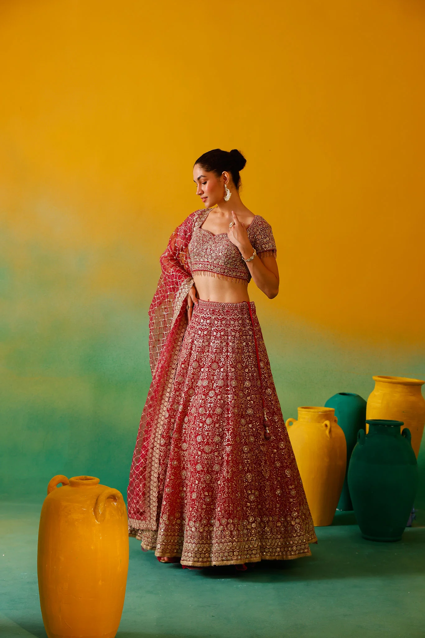 Neerus Rani Pink Embroidery work Nett Fabric Ghagra Set - Image 6