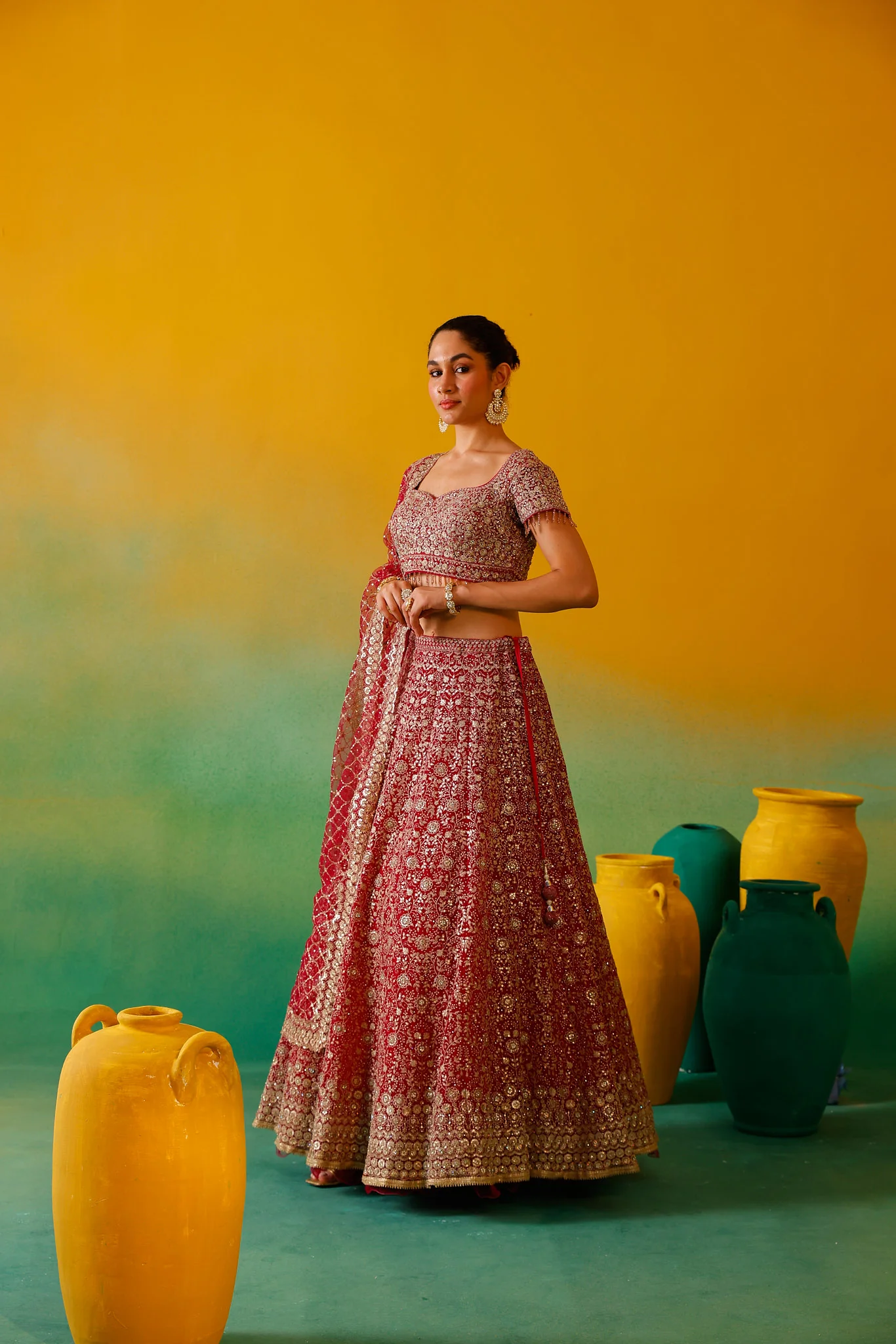 Neerus Rani Pink Embroidery work Nett Fabric Ghagra Set - Image 7