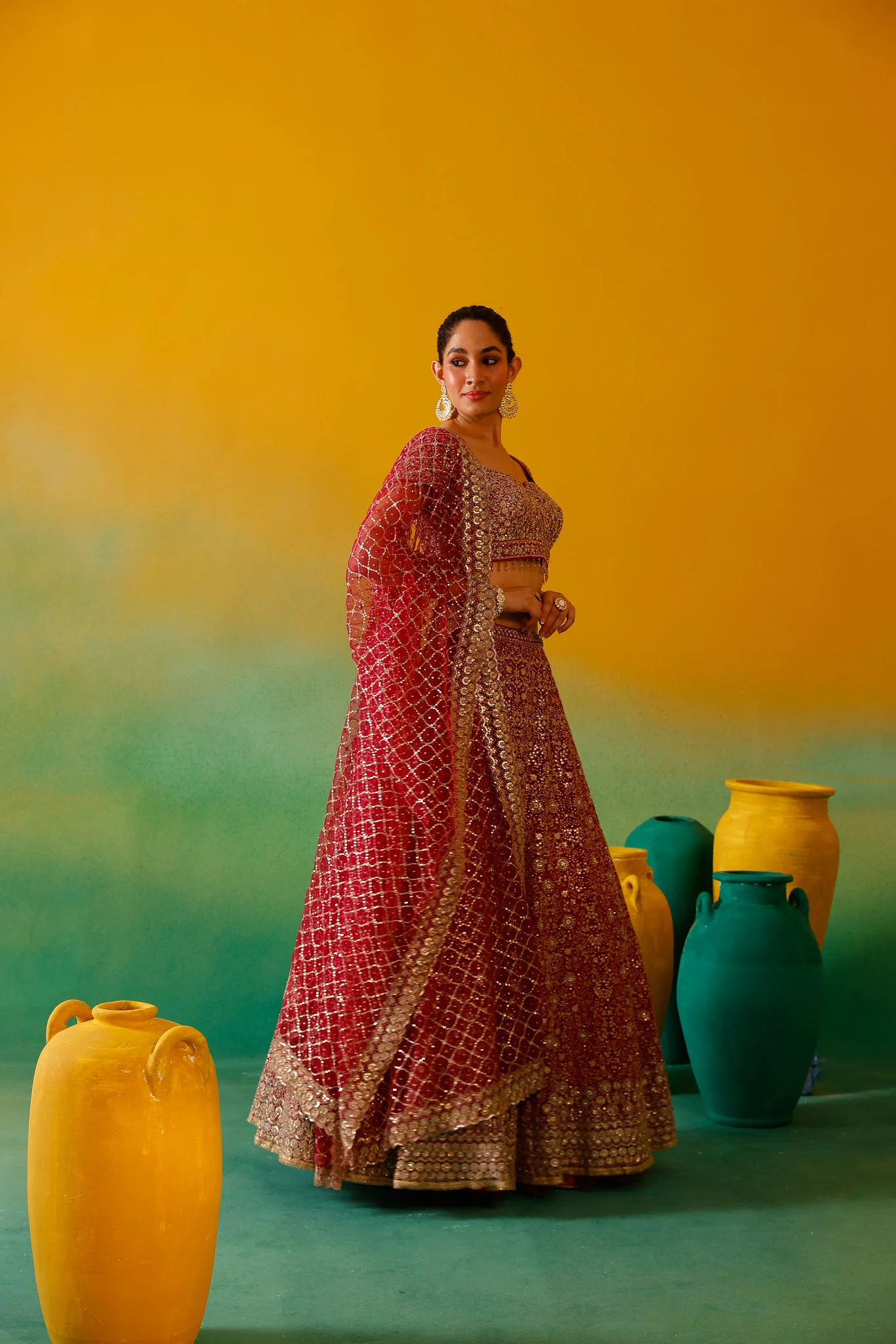 Neerus Rani Pink Embroidery work Nett Fabric Ghagra Set - Image 8
