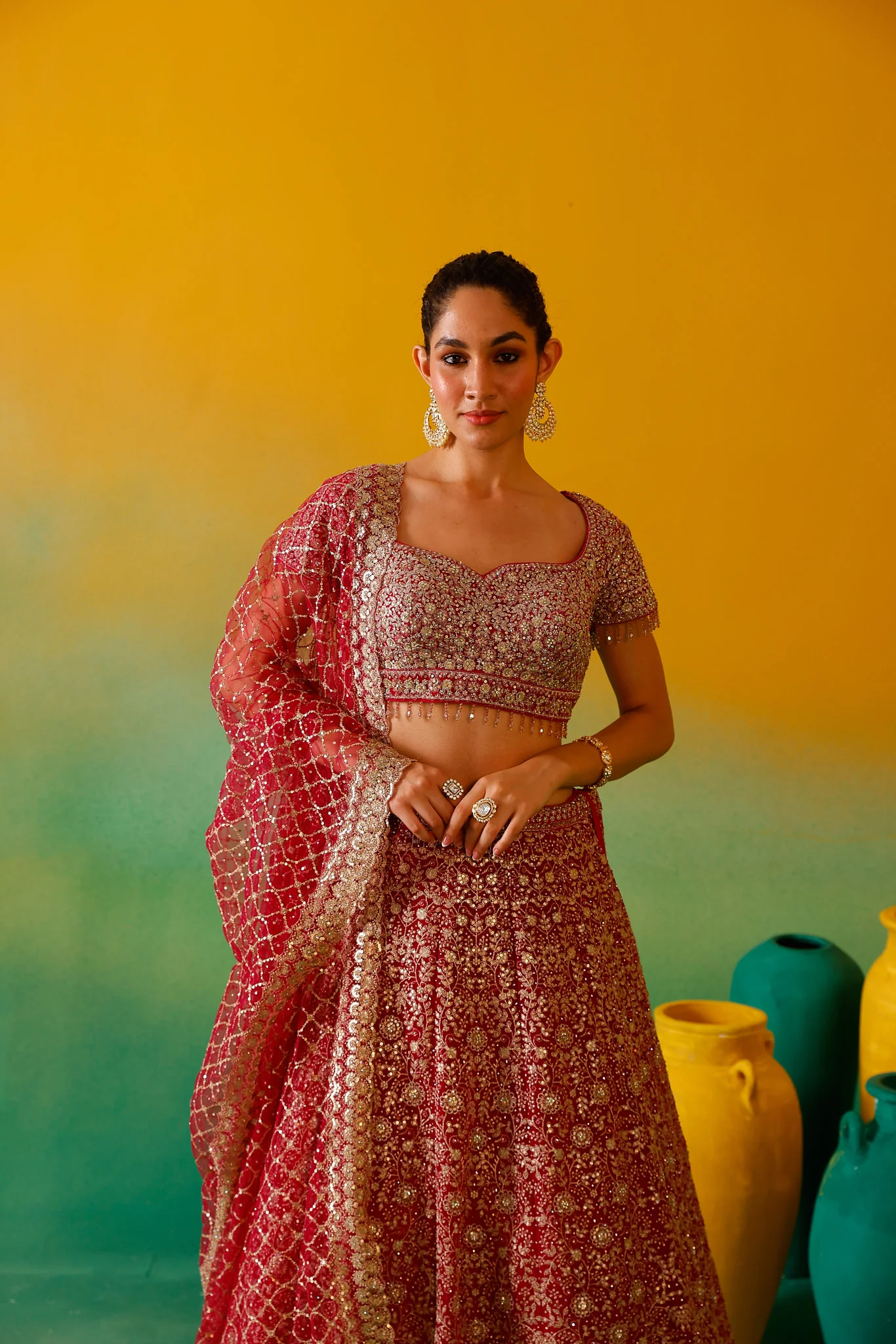 Neerus Rani Pink Embroidery work Nett Fabric Ghagra Set - Image 9