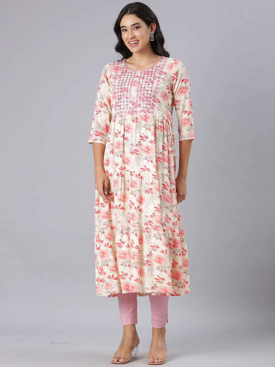 Neerus Red Anarkali Casual Floral Kurta
