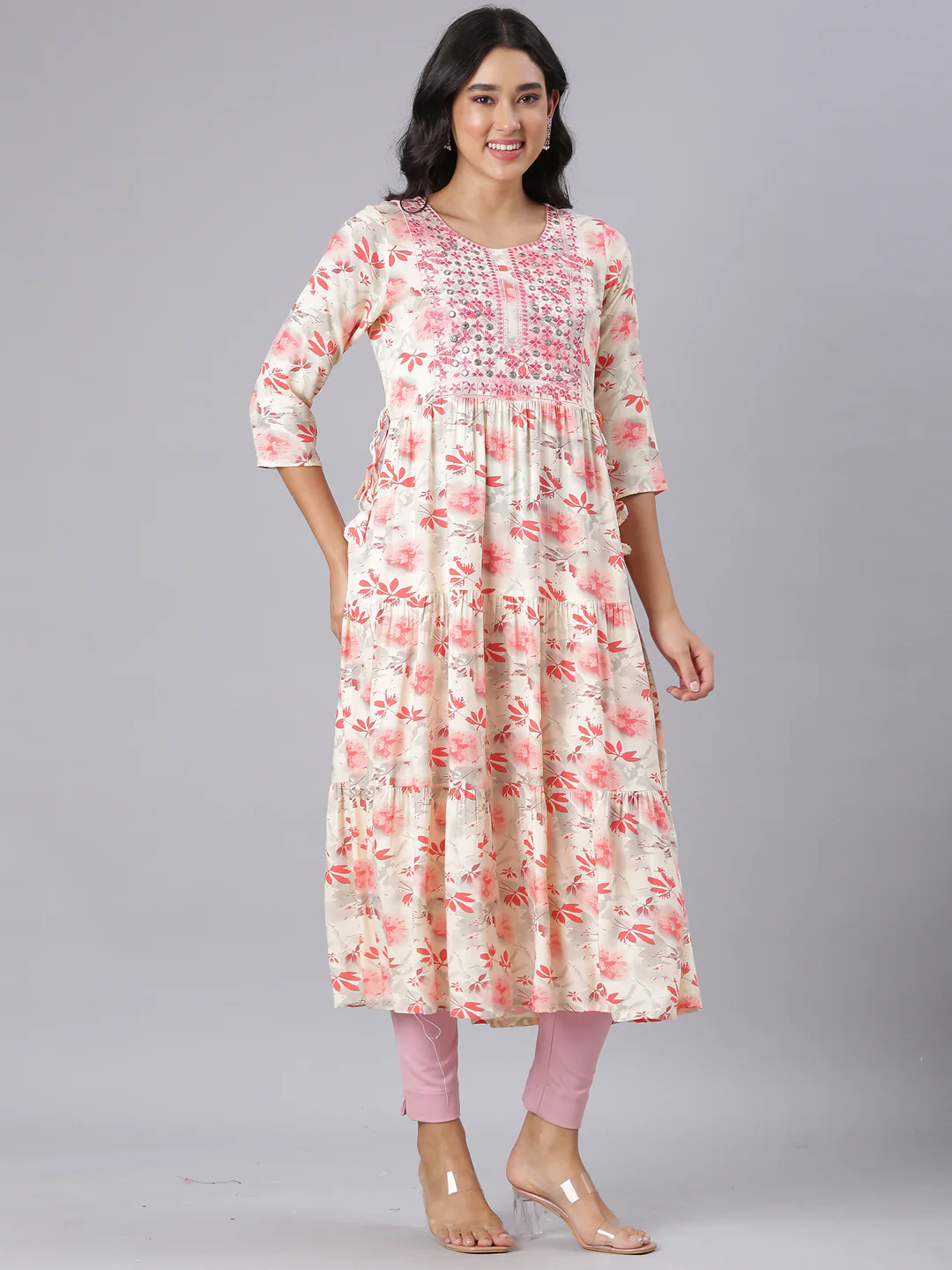 Neerus Red Anarkali Casual Floral Kurta - Image 2