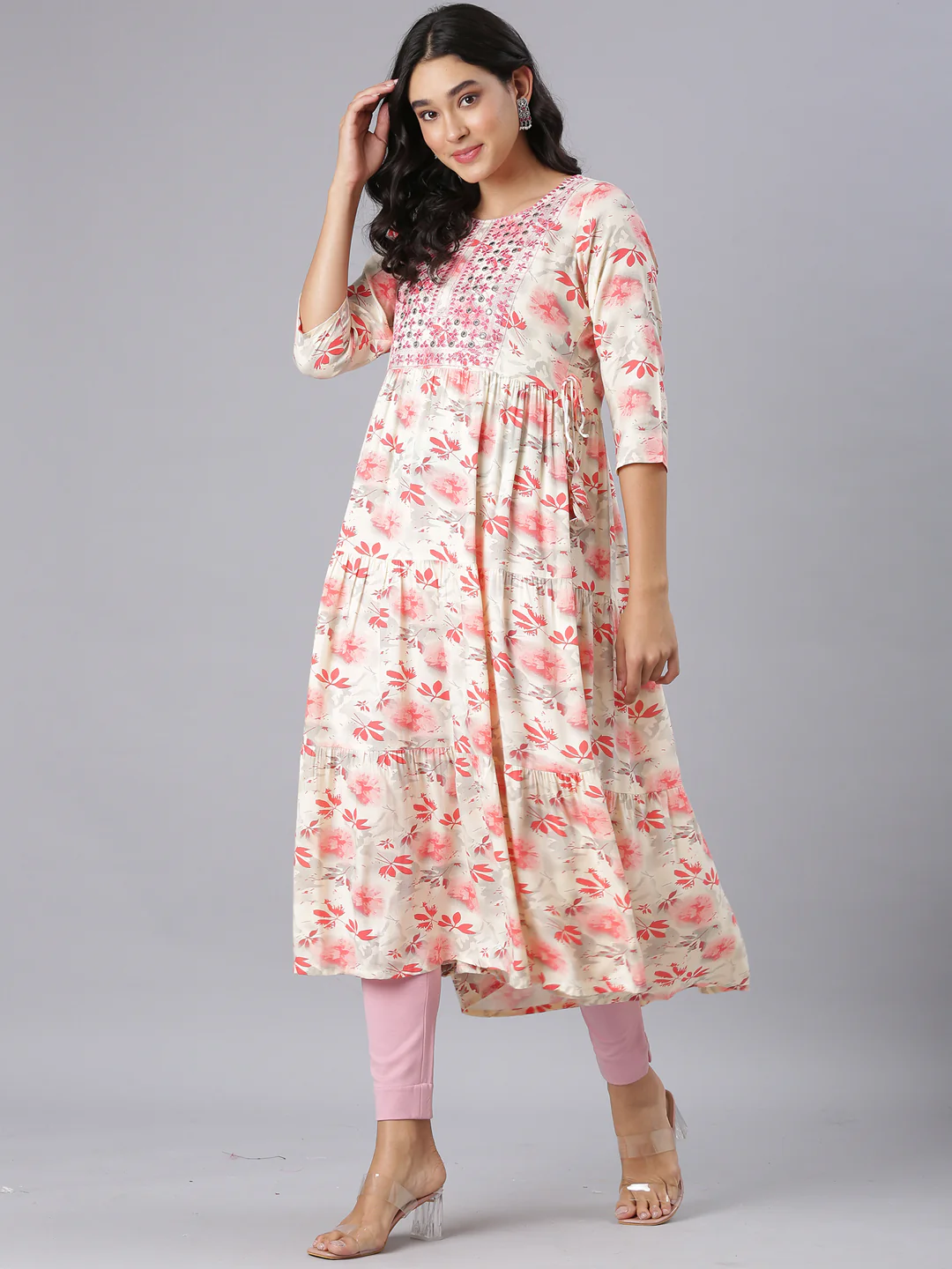 Neerus Red Anarkali Casual Floral Kurta - Image 5