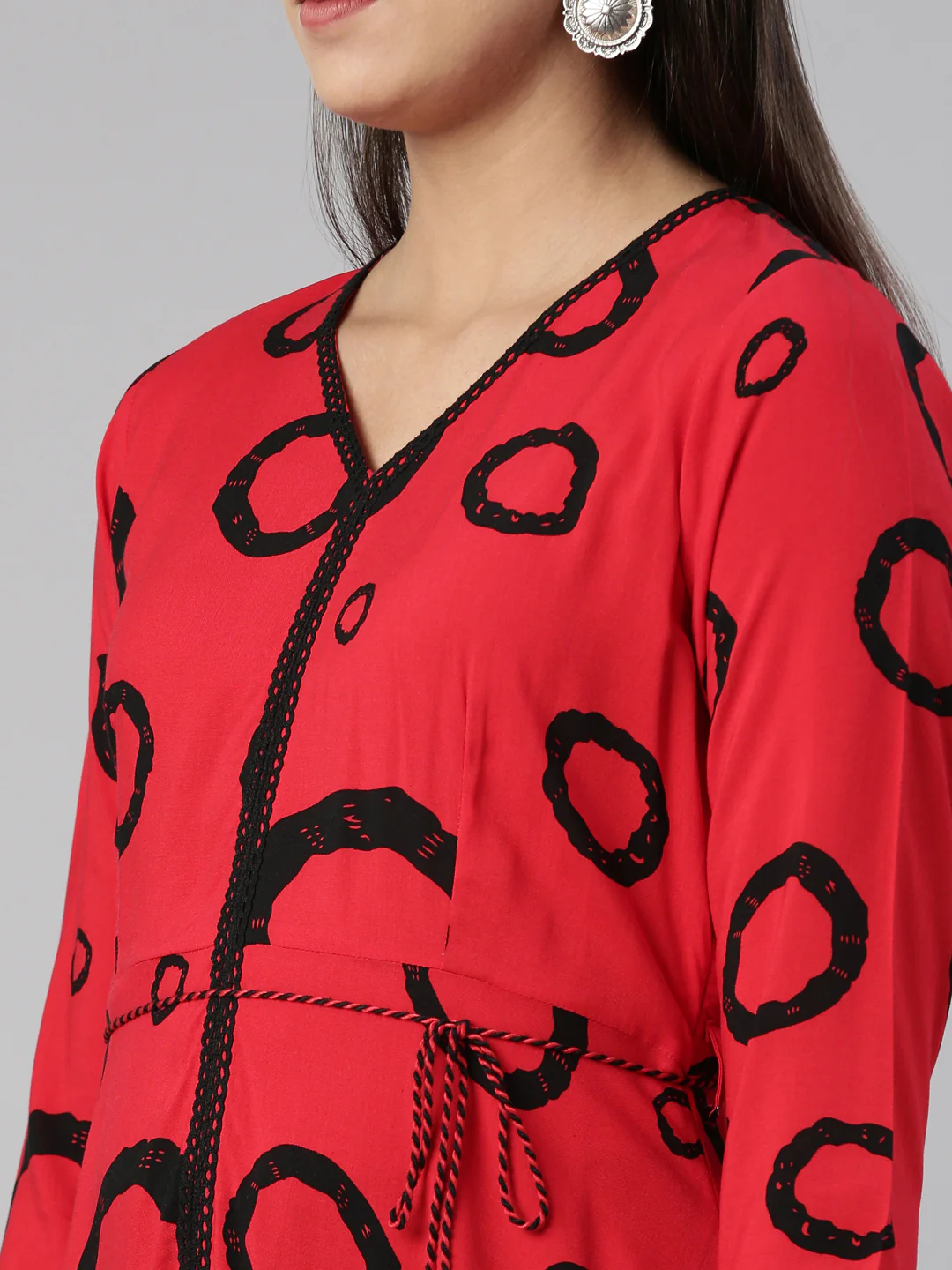 Neerus Red Anarkali Curved Cotton Kurta - Image 4