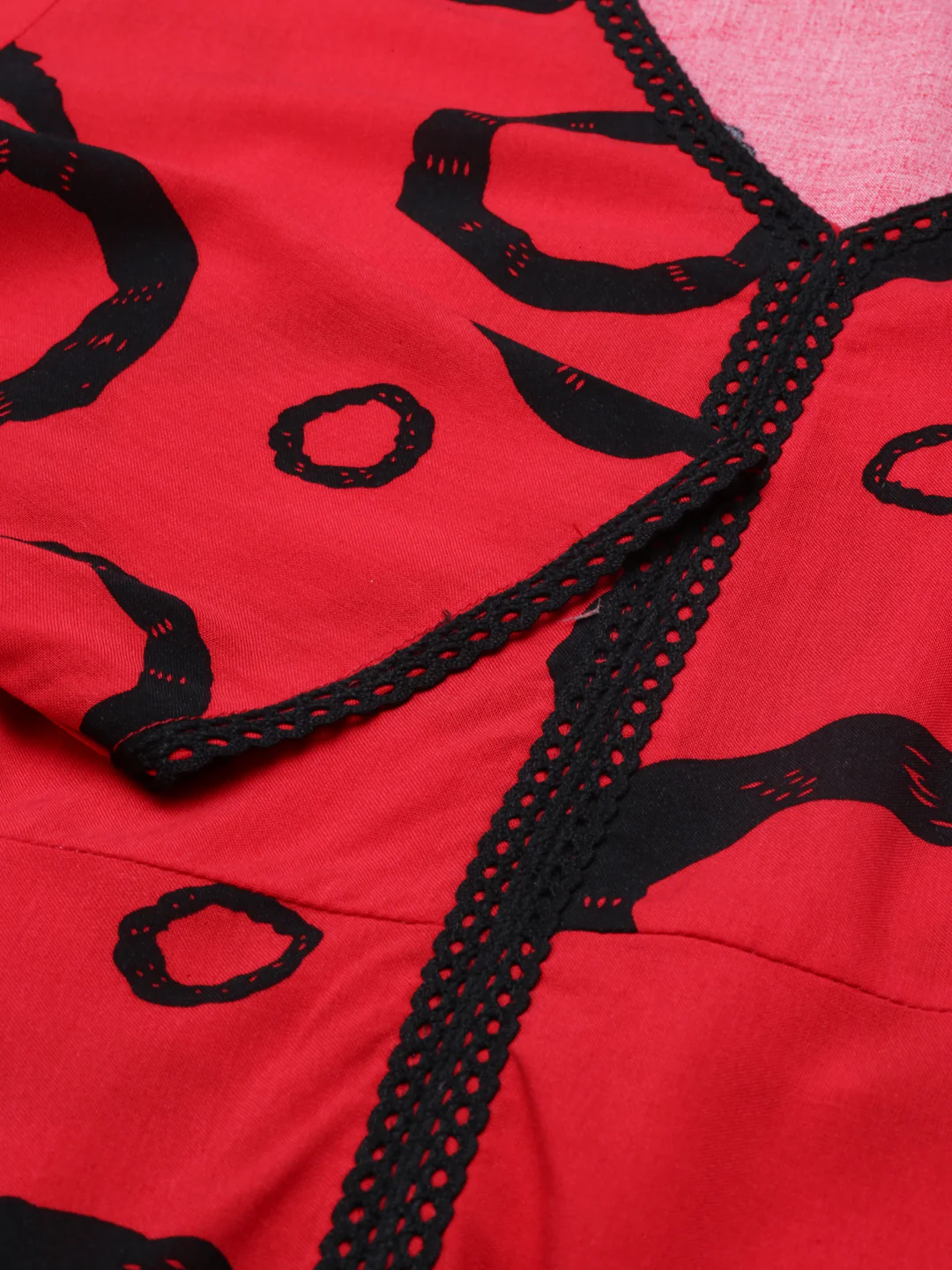 Neerus Red Anarkali Curved Cotton Kurta - Image 5