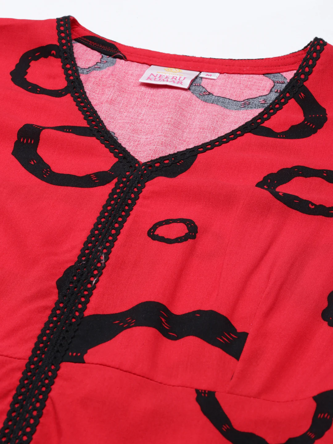 Neerus Red Anarkali Curved Cotton Kurta - Image 6
