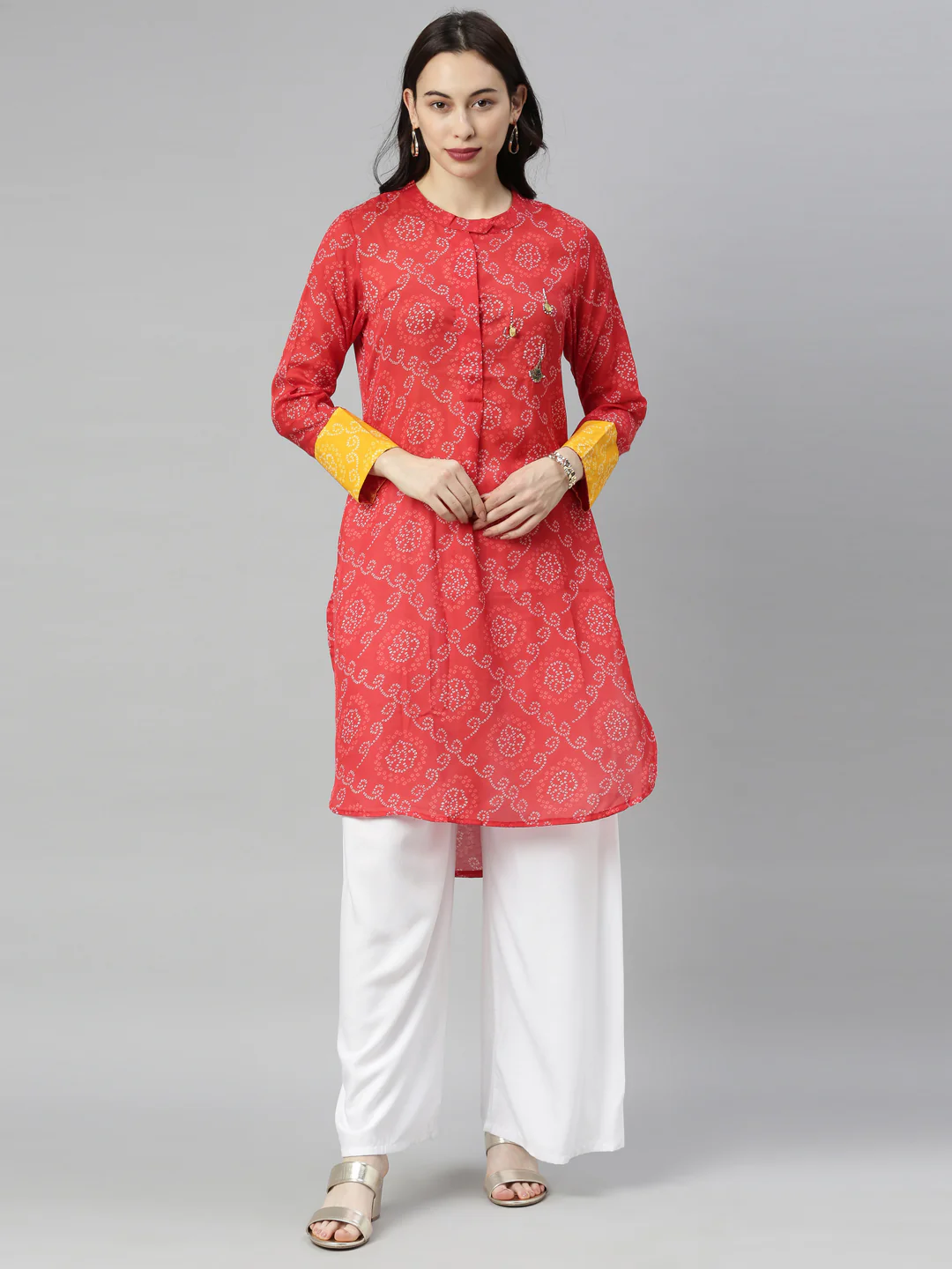 Neerus Red Bandhani Straight Kurta