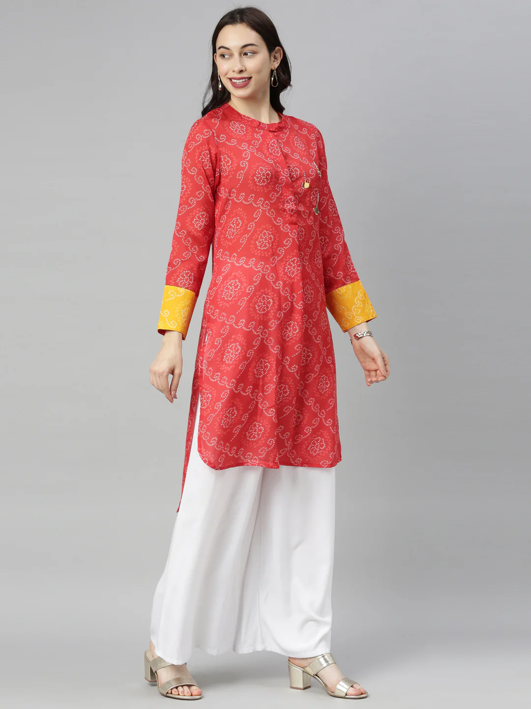 Neerus Red Bandhani Straight Kurta - Image 3