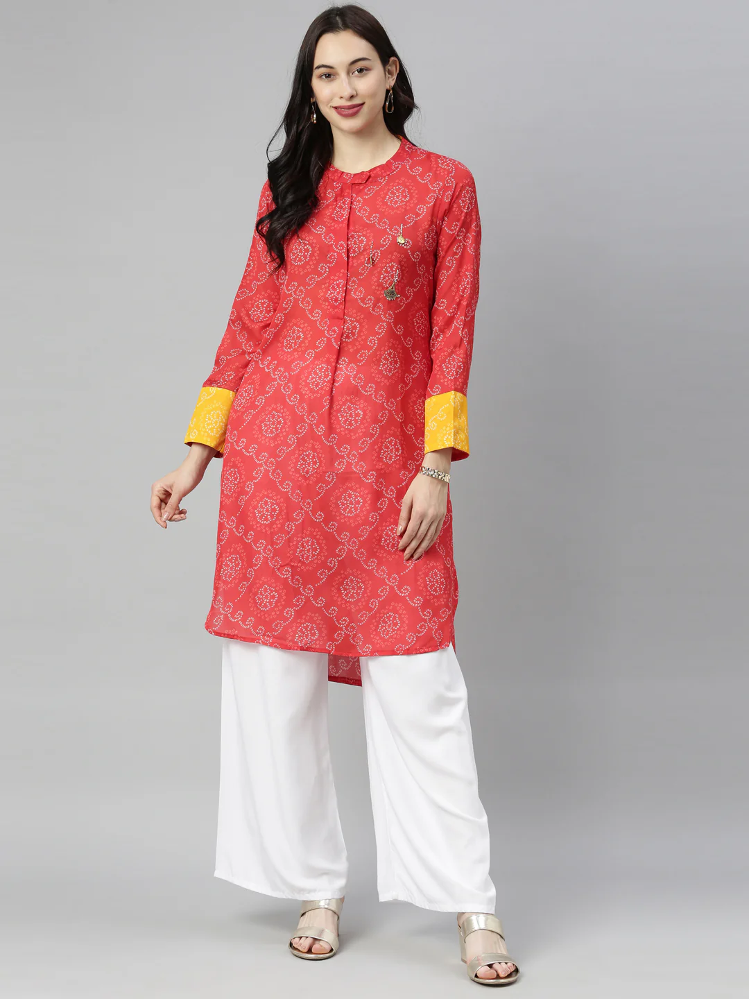 Neerus Red Bandhani Straight Kurta - Image 5