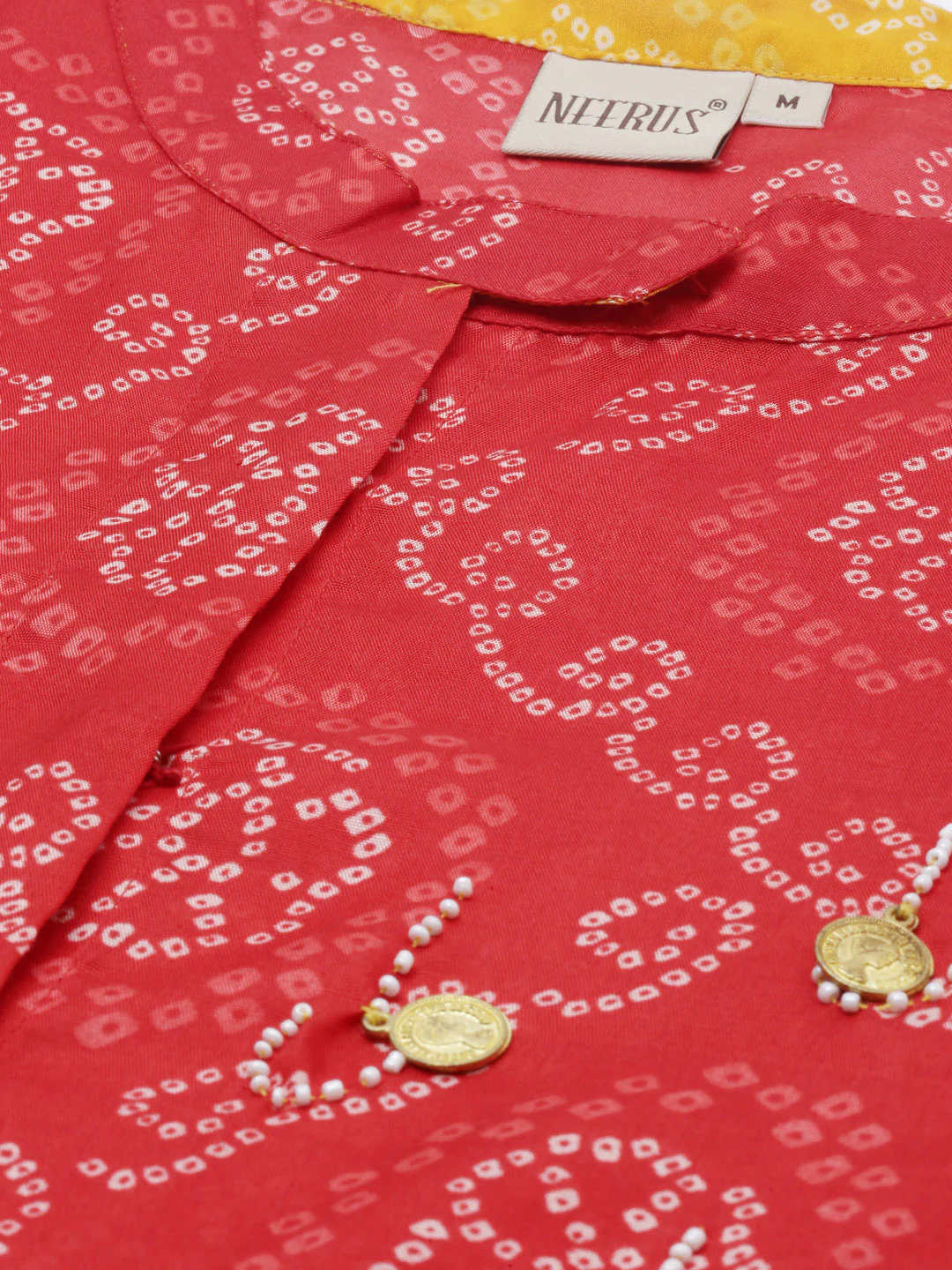 Neerus Red Bandhani Straight Kurta - Image 9