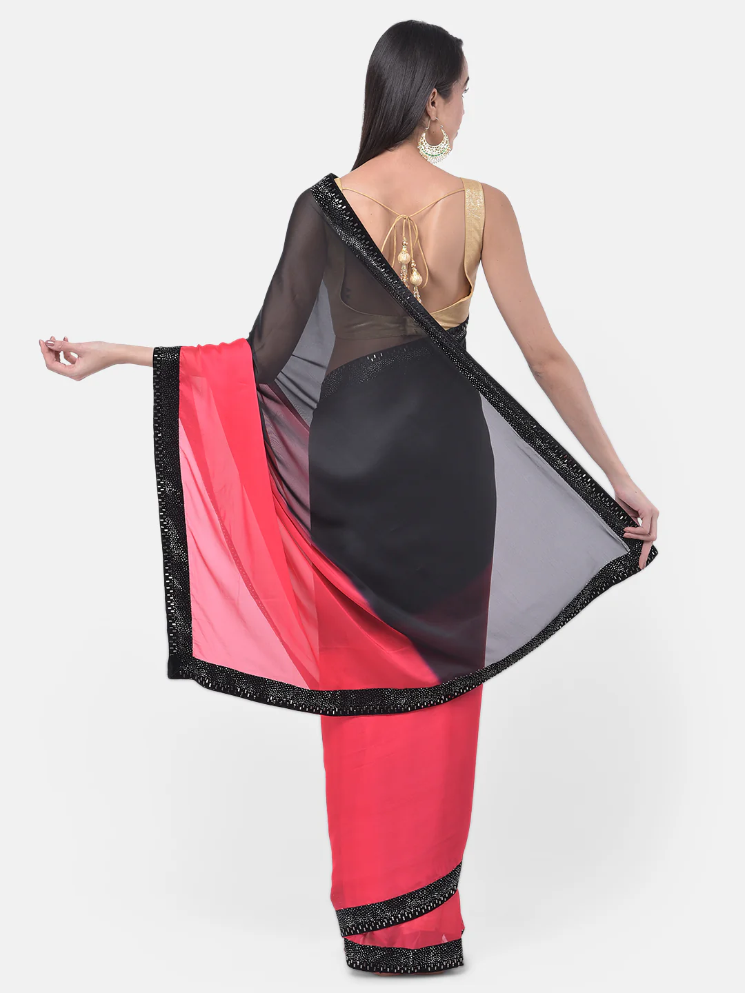 Neerus Red & Black Embellished Saree With Blouse - Image 2