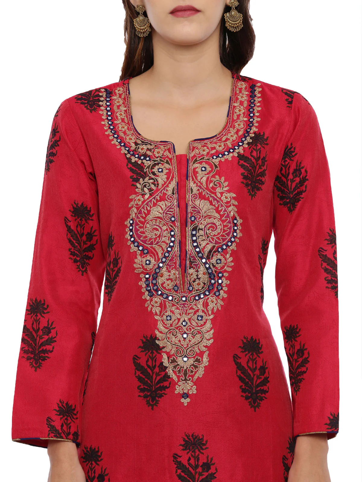 Neerus Red & Blue Embroidered Kurta With Pant & Dupatta - Image 3