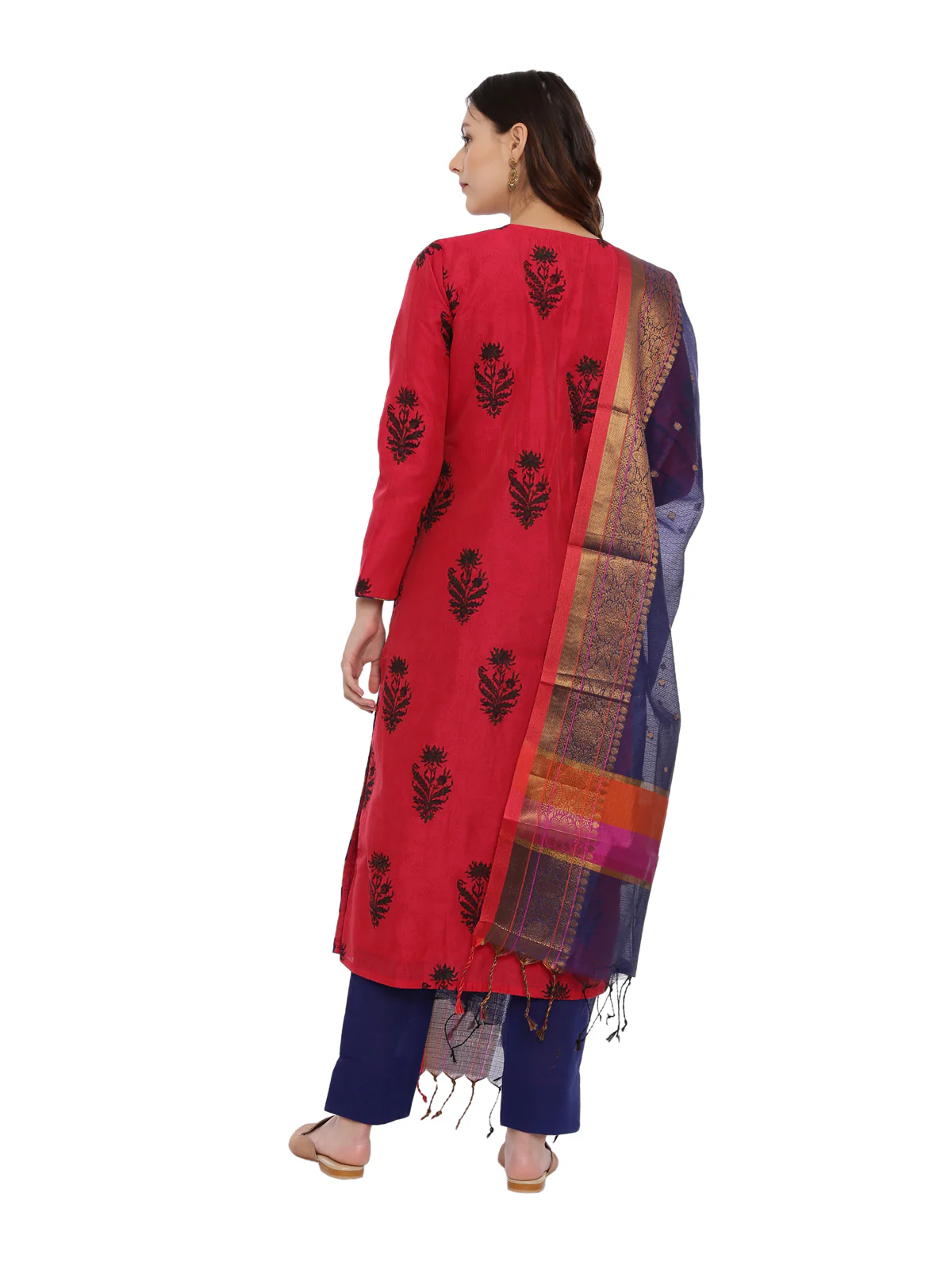 Neerus Red & Blue Embroidered Kurta With Pant & Dupatta - Image 5