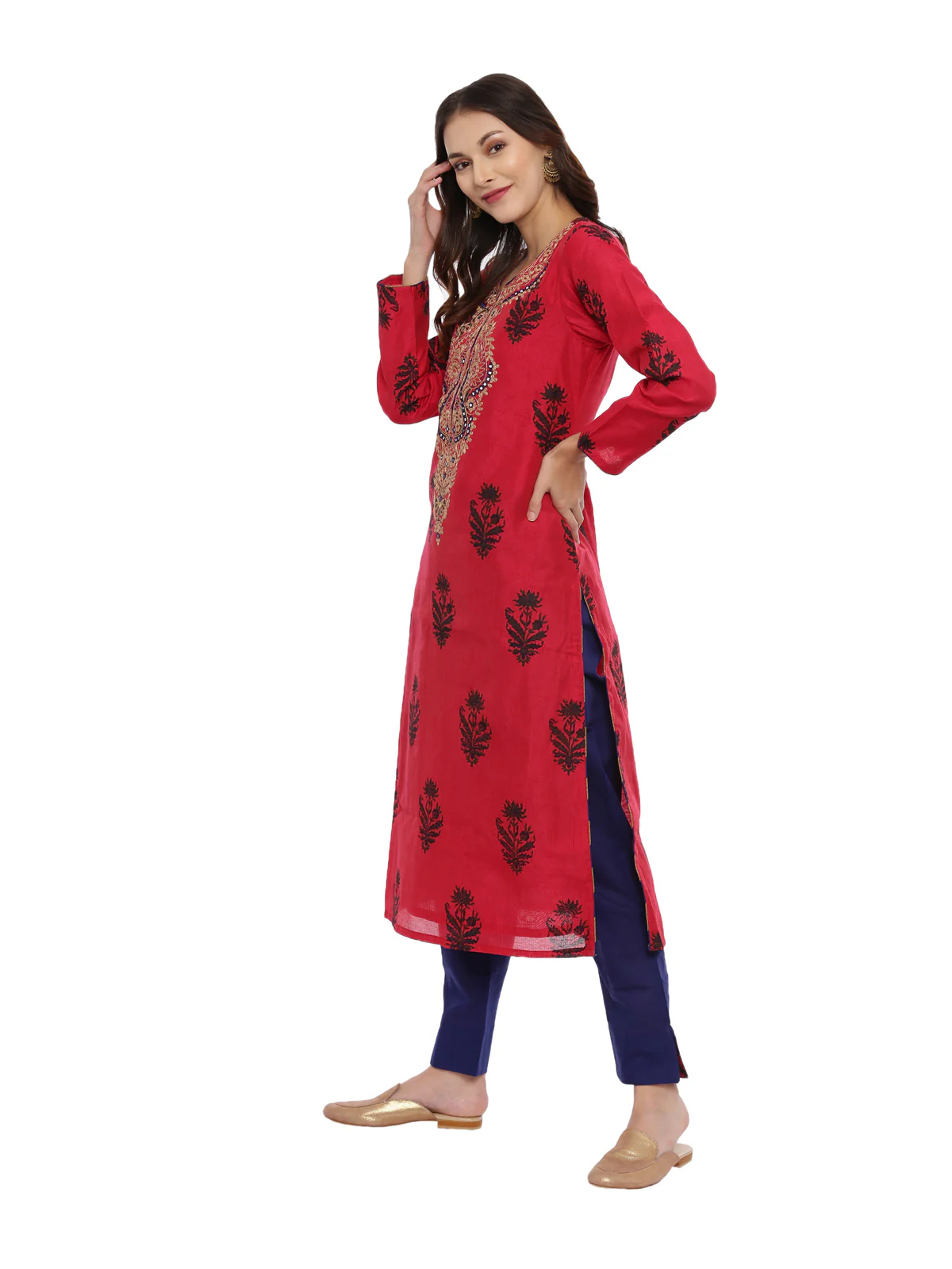 Neerus Red & Blue Embroidered Kurta With Pant & Dupatta - Image 6