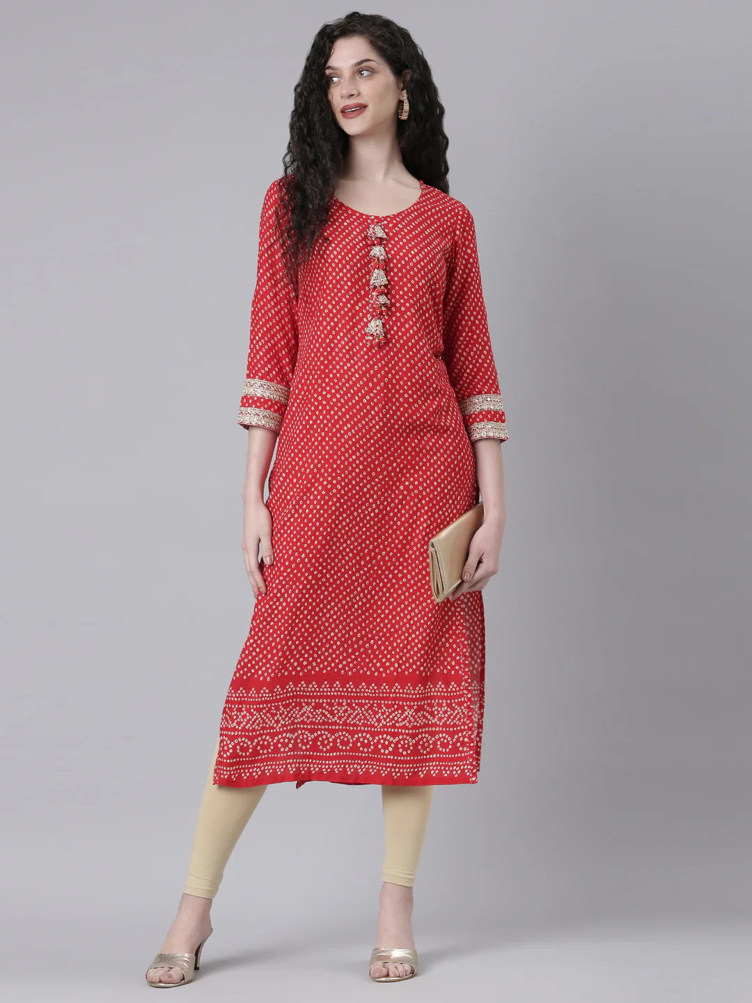 Neerus Red Casual Bandhani Straight Kurta - Image 5