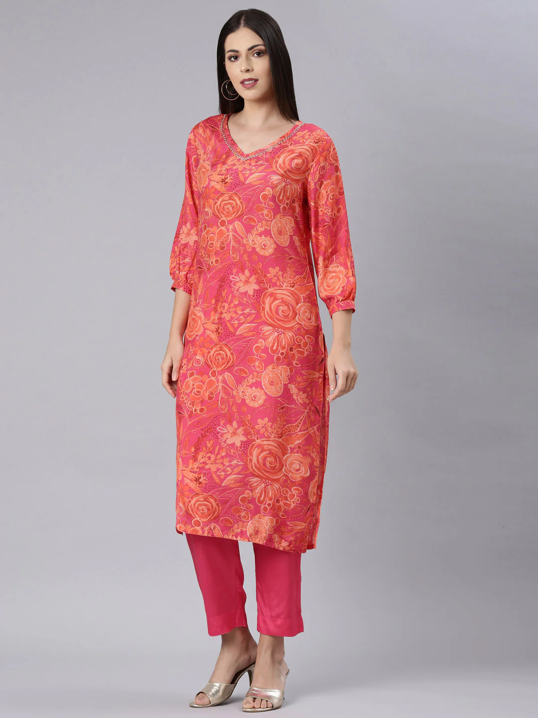Neerus Red Casual Floral Straight Kurta and Trouser - Image 2