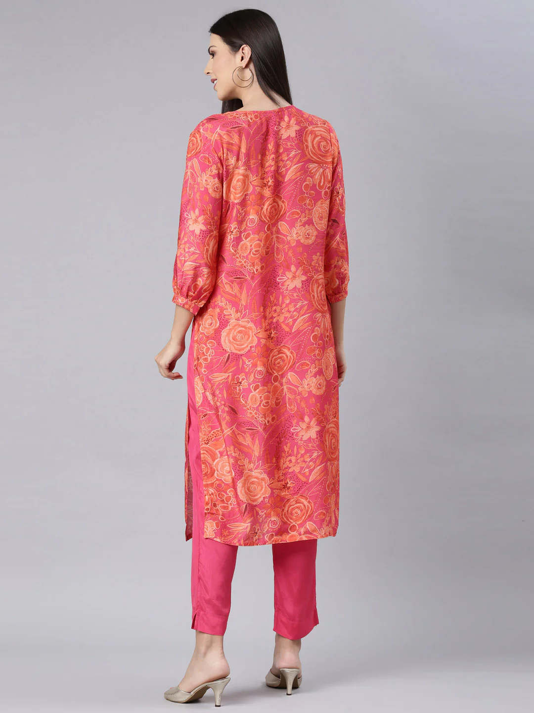 Neerus Red Casual Floral Straight Kurta and Trouser - Image 4