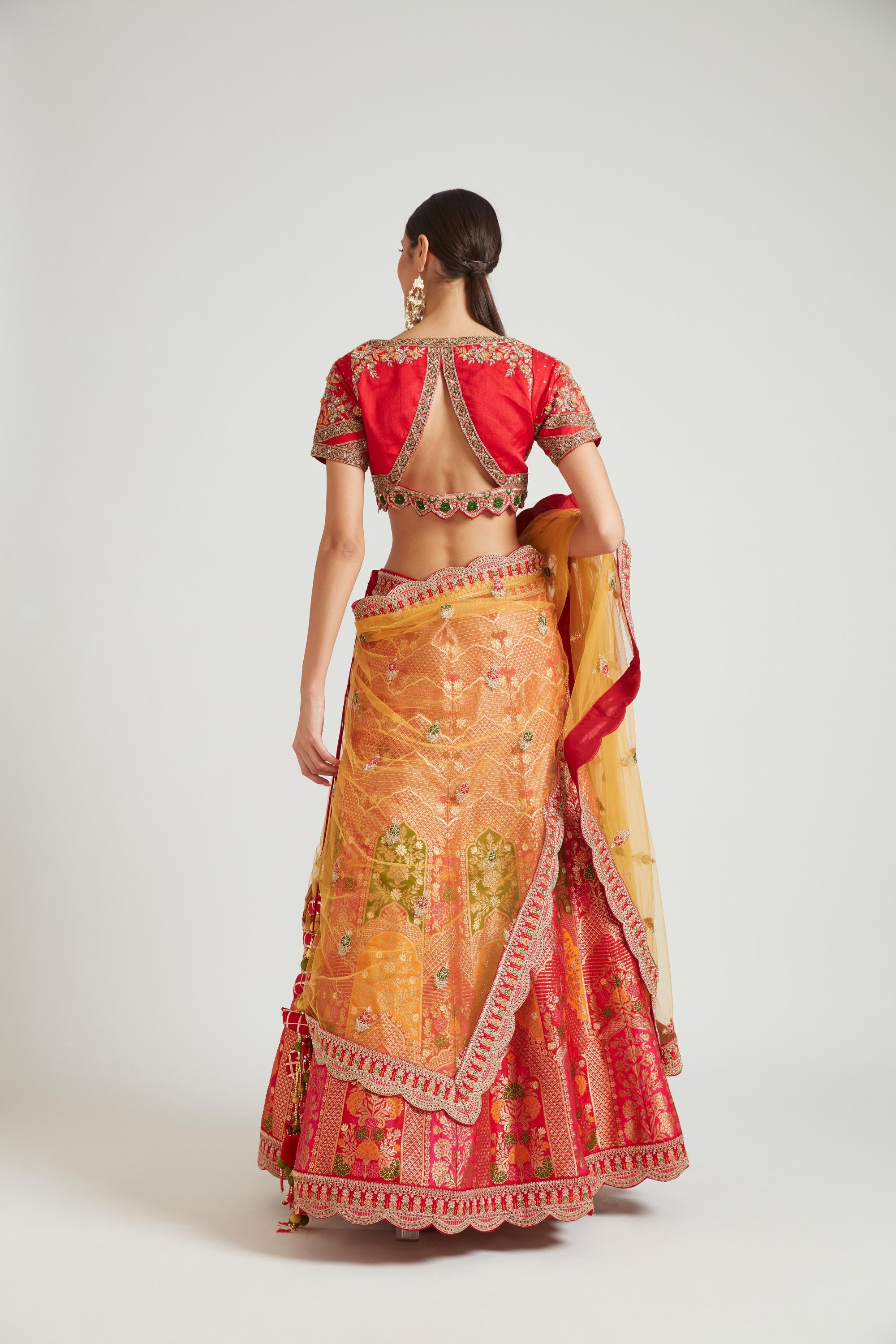 Neerus Red Color Banaras Fabric Lehenga Choli - Image 3