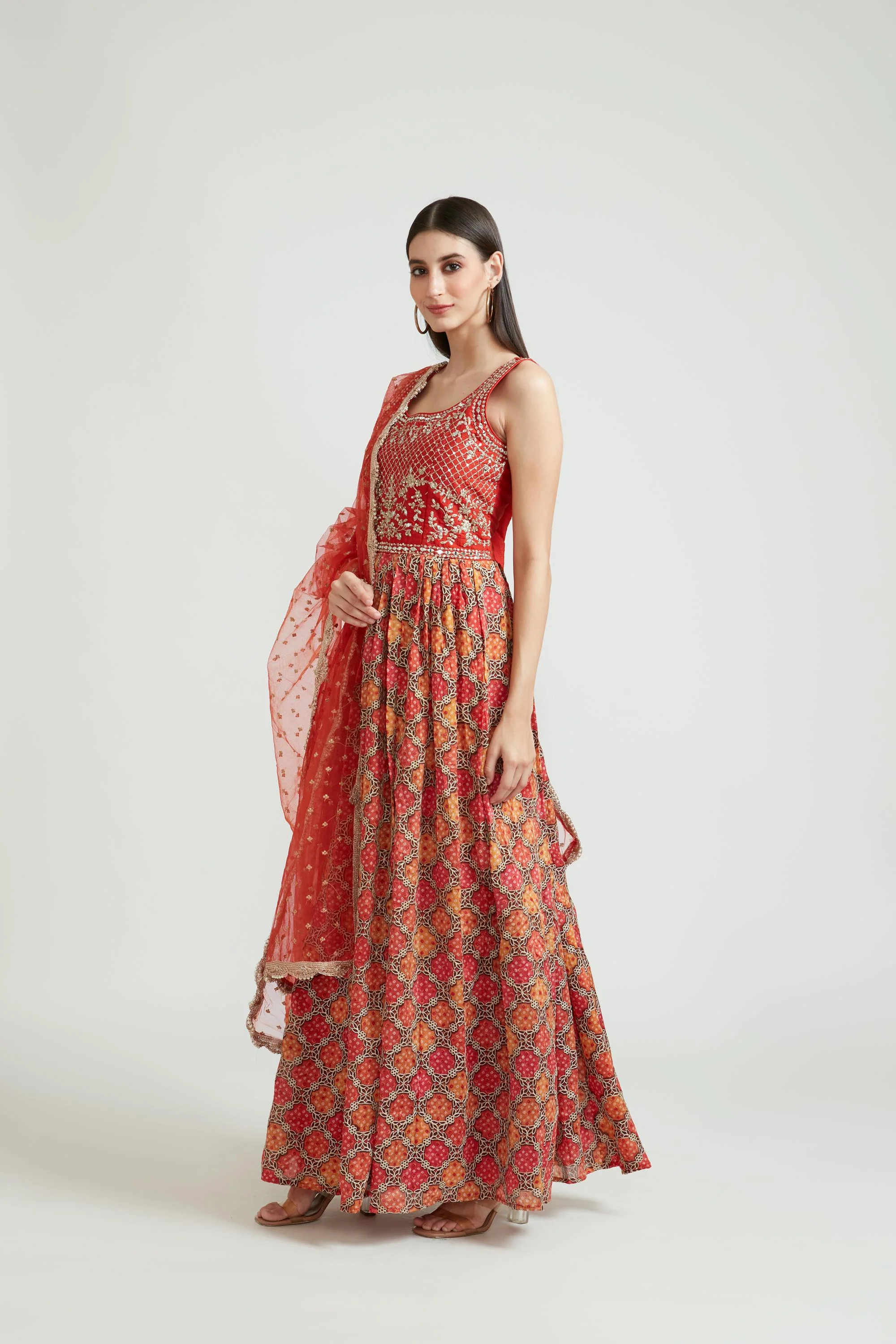 Neerus Red Color Georgette Fabric Anarkali Suit Set