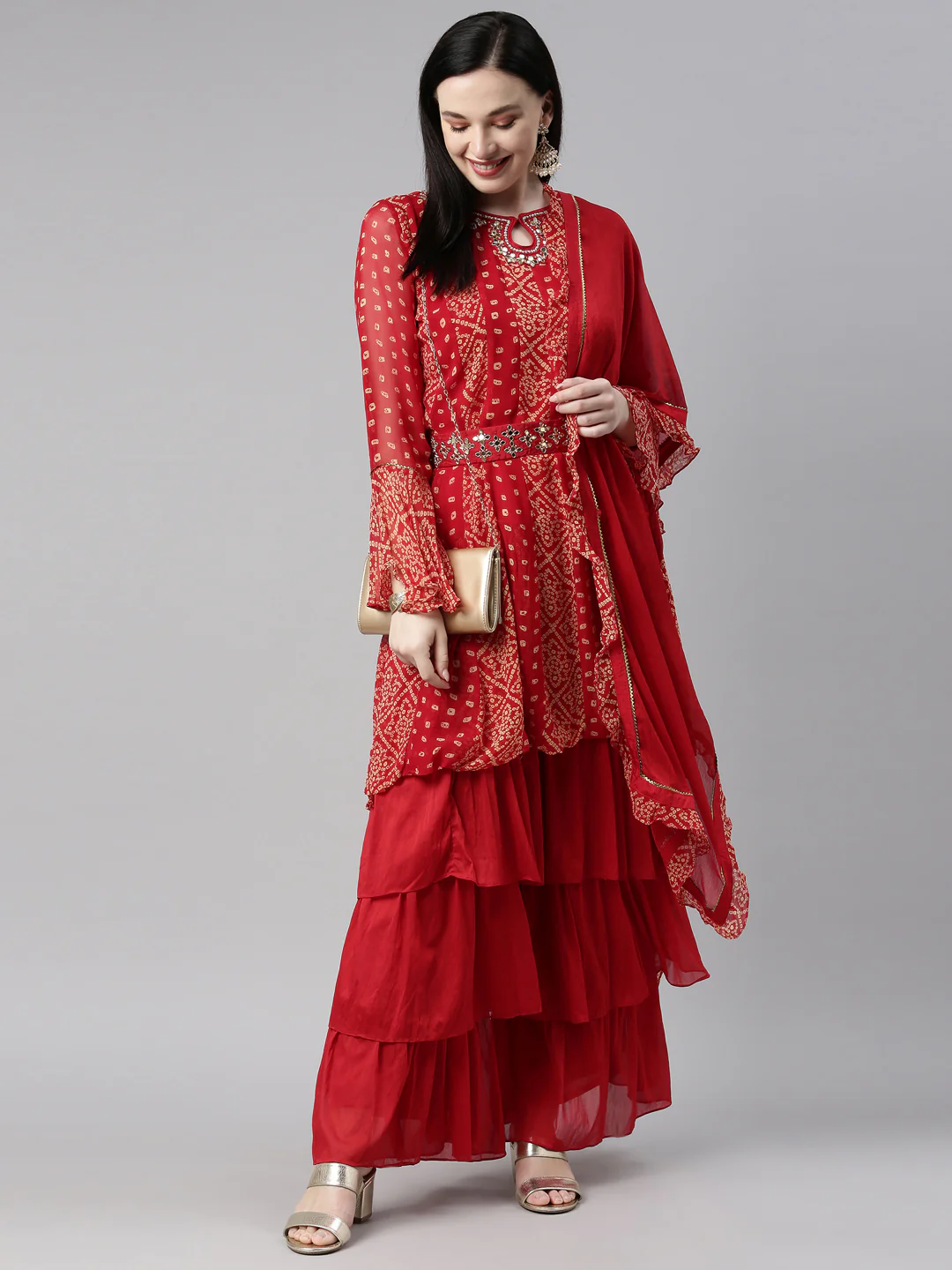 Neerus Red Color Georgette Fabric Kurta Set - Image 2