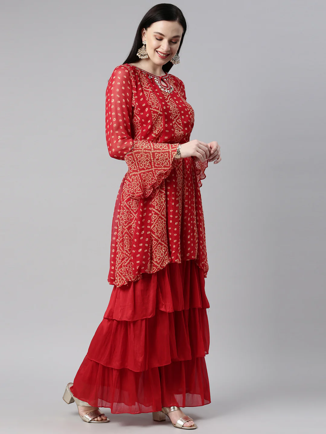 Neerus Red Color Georgette Fabric Kurta Set - Image 9