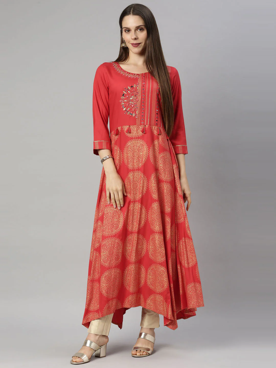 Neerus Red Color Rayon Fabric Tunic