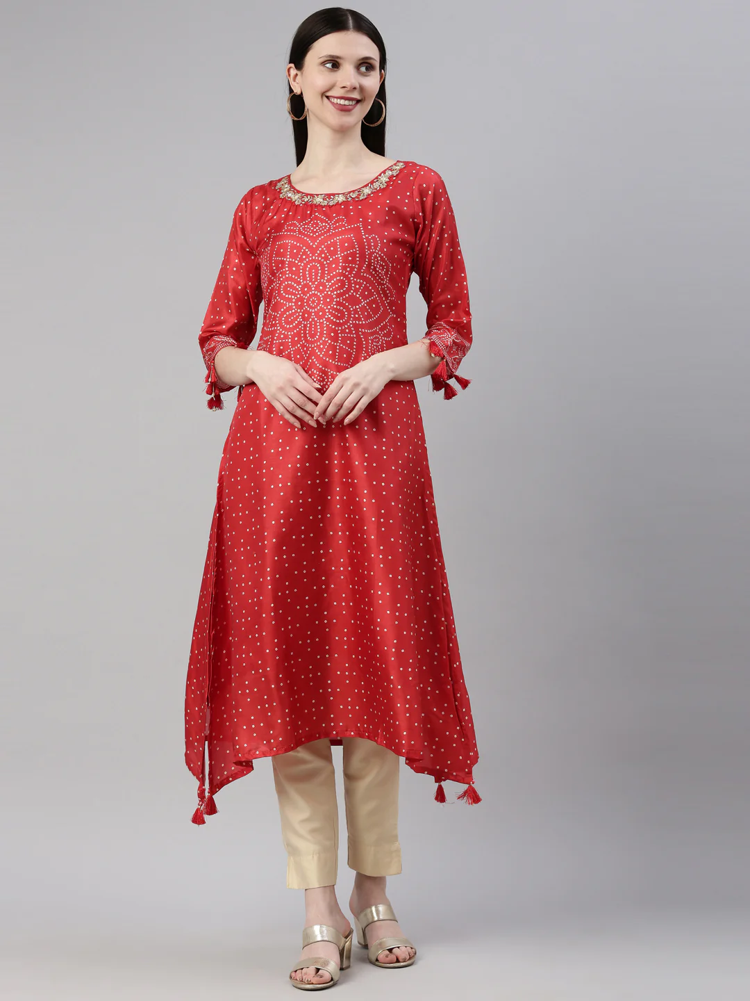 Neerus Red Color Silk Fabric Kurta