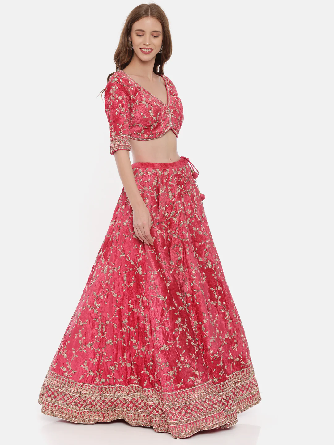 Neerus Red Color Velvett Fabric Ghagra Set - Image 3