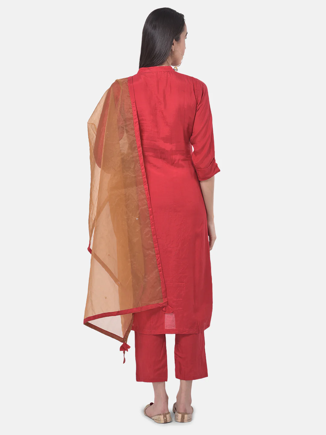 Neerus Red Embellished Kurta With Pant & Dupatta - Image 3