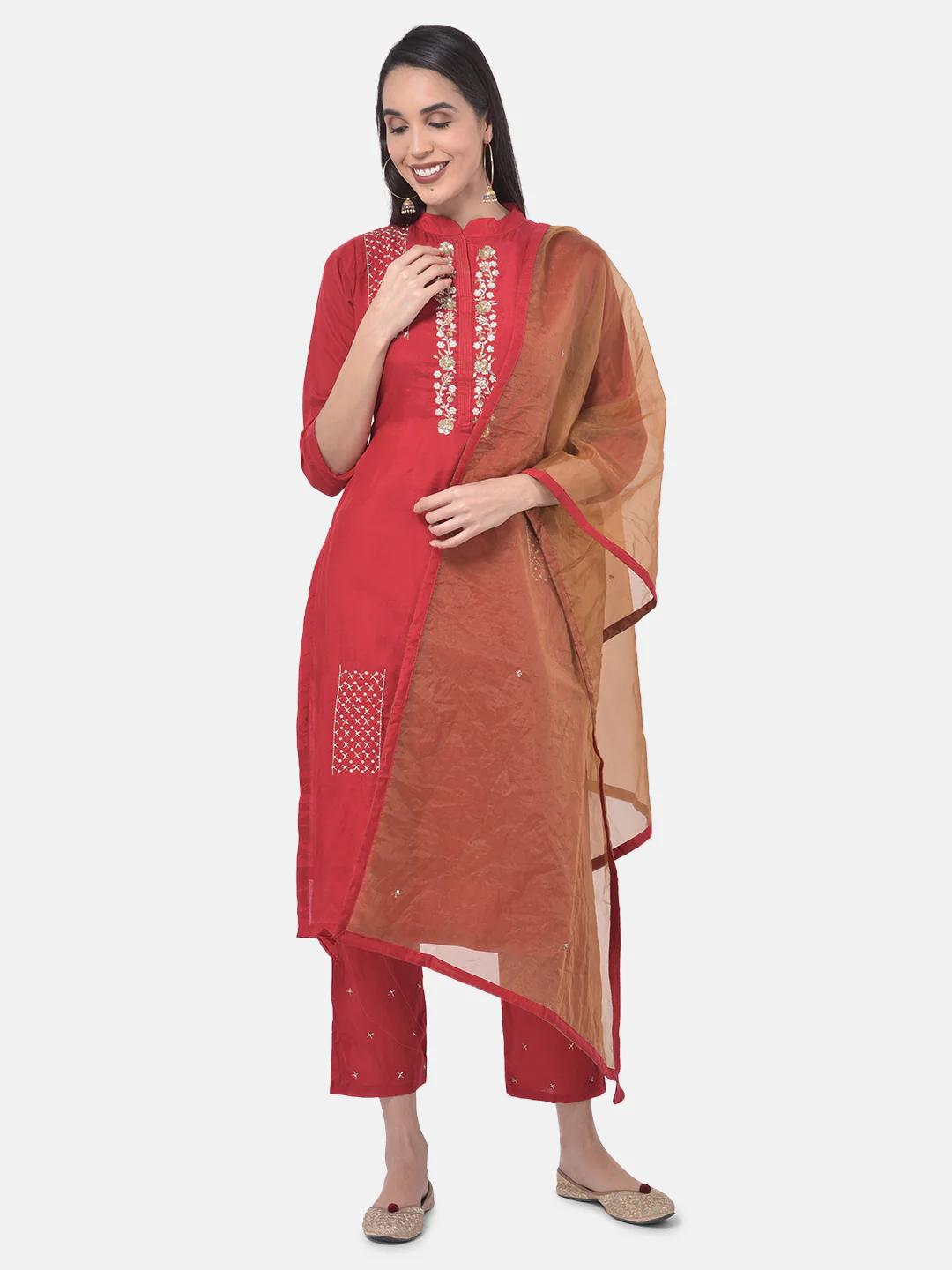 Neerus Red Embellished Kurta With Pant & Dupatta - Image 7