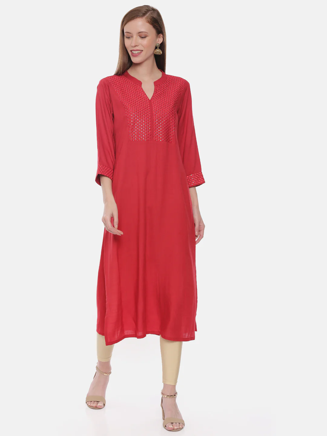 Neerus Red Embellished Straight Kurta