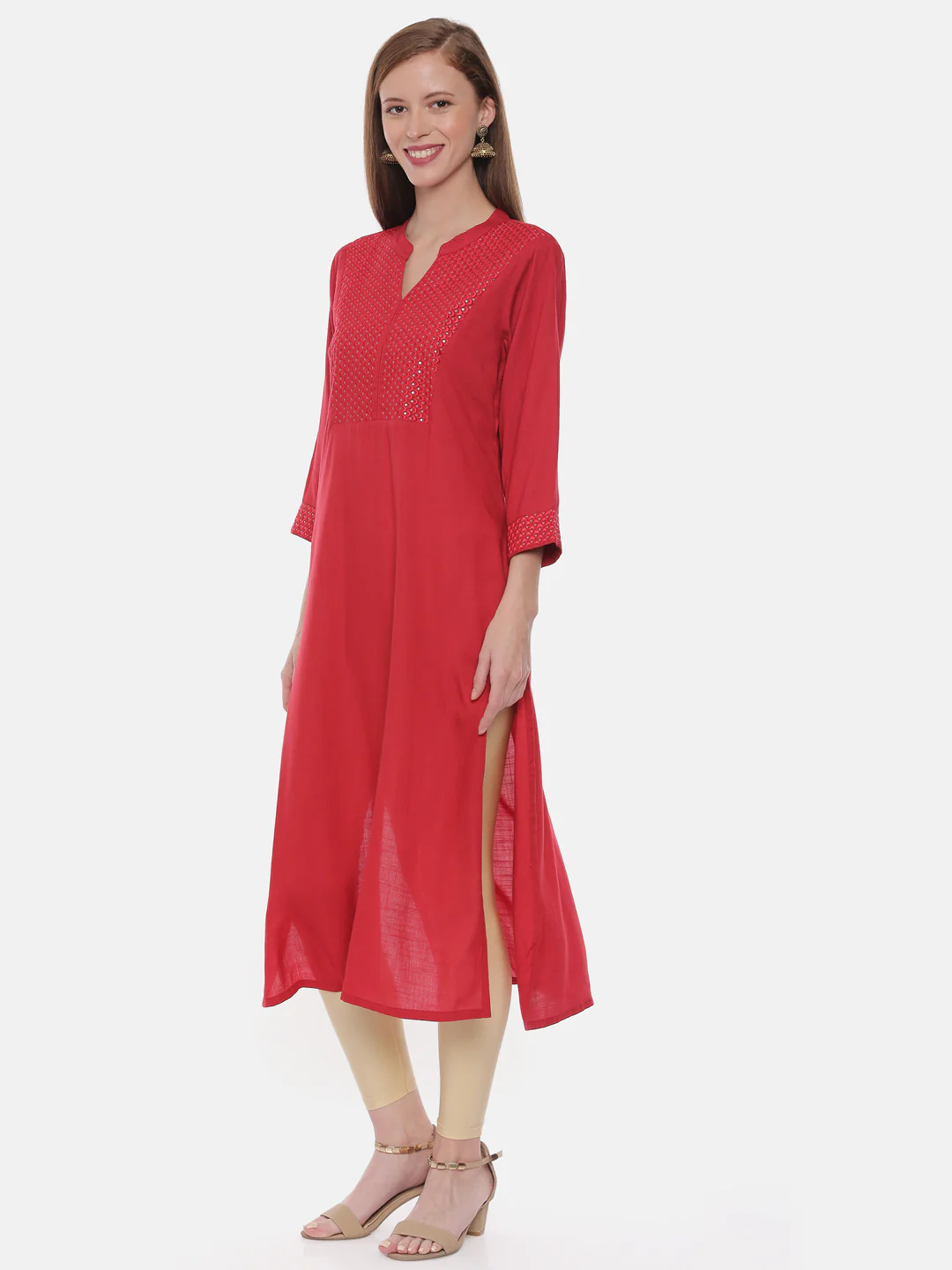 Neerus Red Embellished Straight Kurta - Image 3