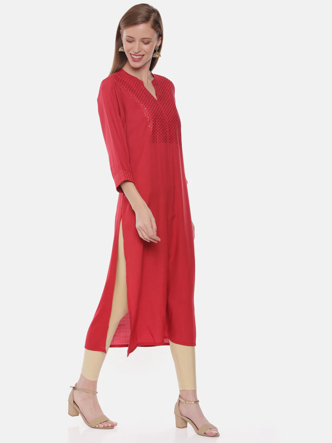 Neerus Red Embellished Straight Kurta - Image 4