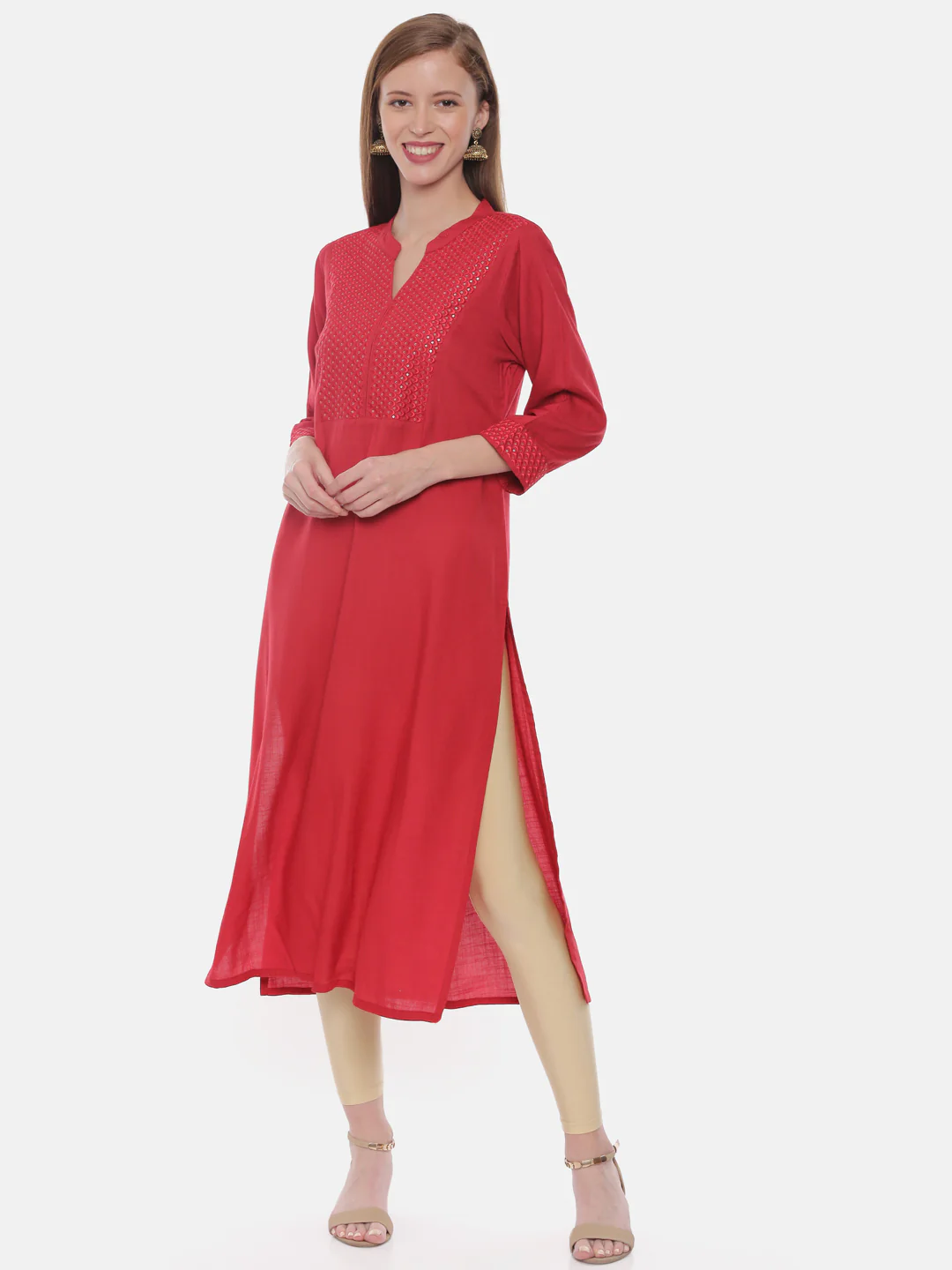 Neerus Red Embellished Straight Kurta - Image 6