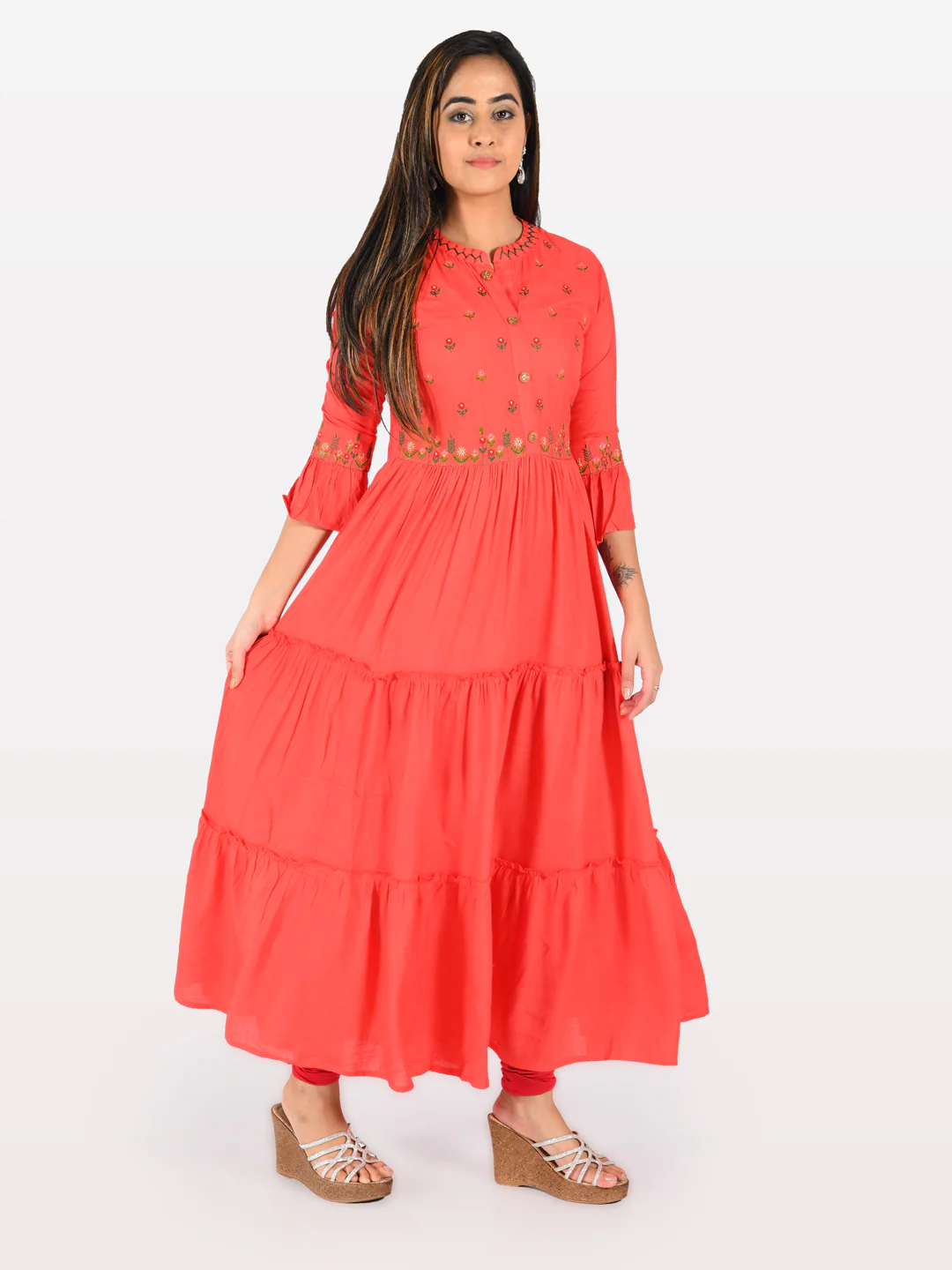 Neerus Red Embroidered Flared Kurta - Image 2