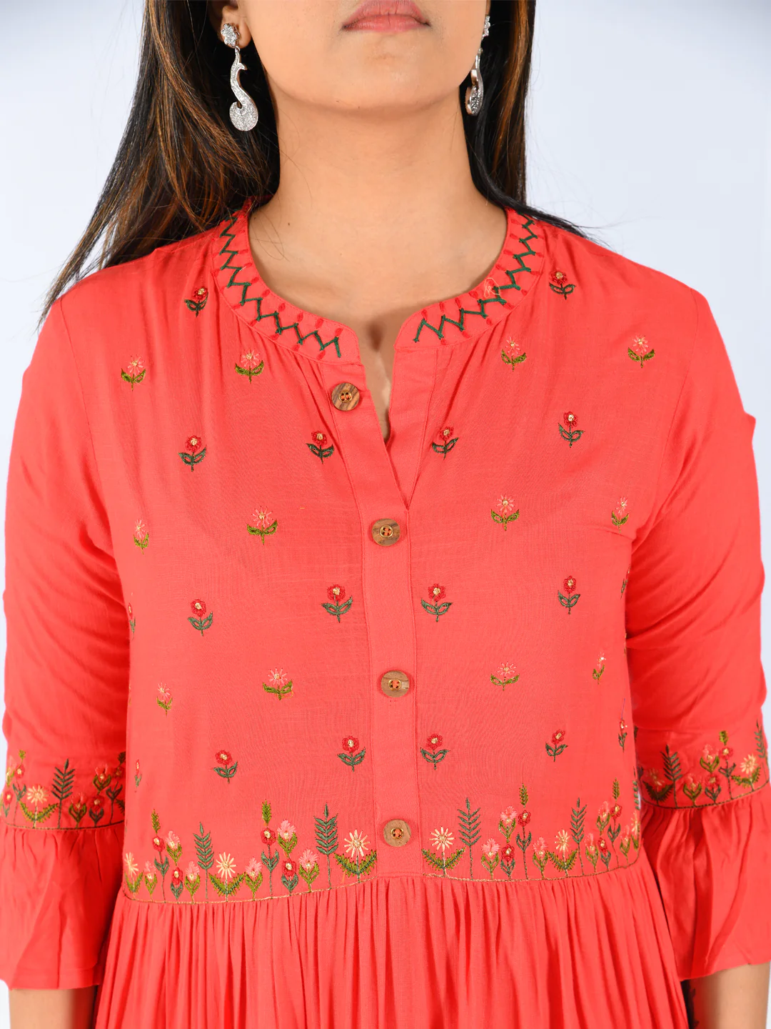 Neerus Red Embroidered Flared Kurta - Image 3