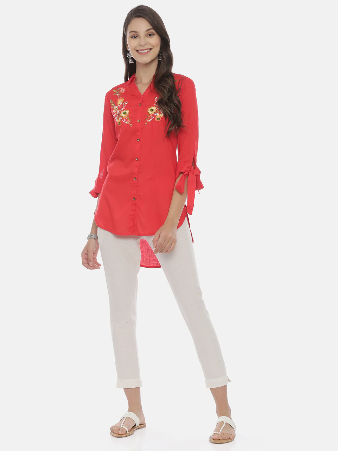 Neerus Red Embroidered High Low Kurti