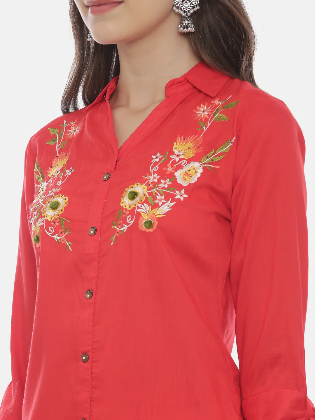 Neerus Red Embroidered High Low Kurti - Image 2