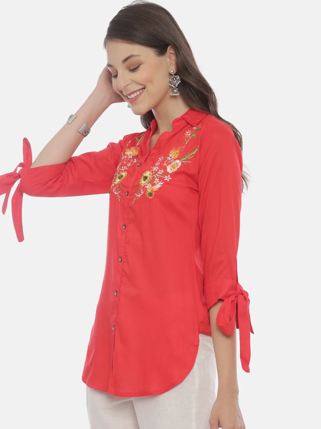 Neerus Red Embroidered High Low Kurti - Image 3